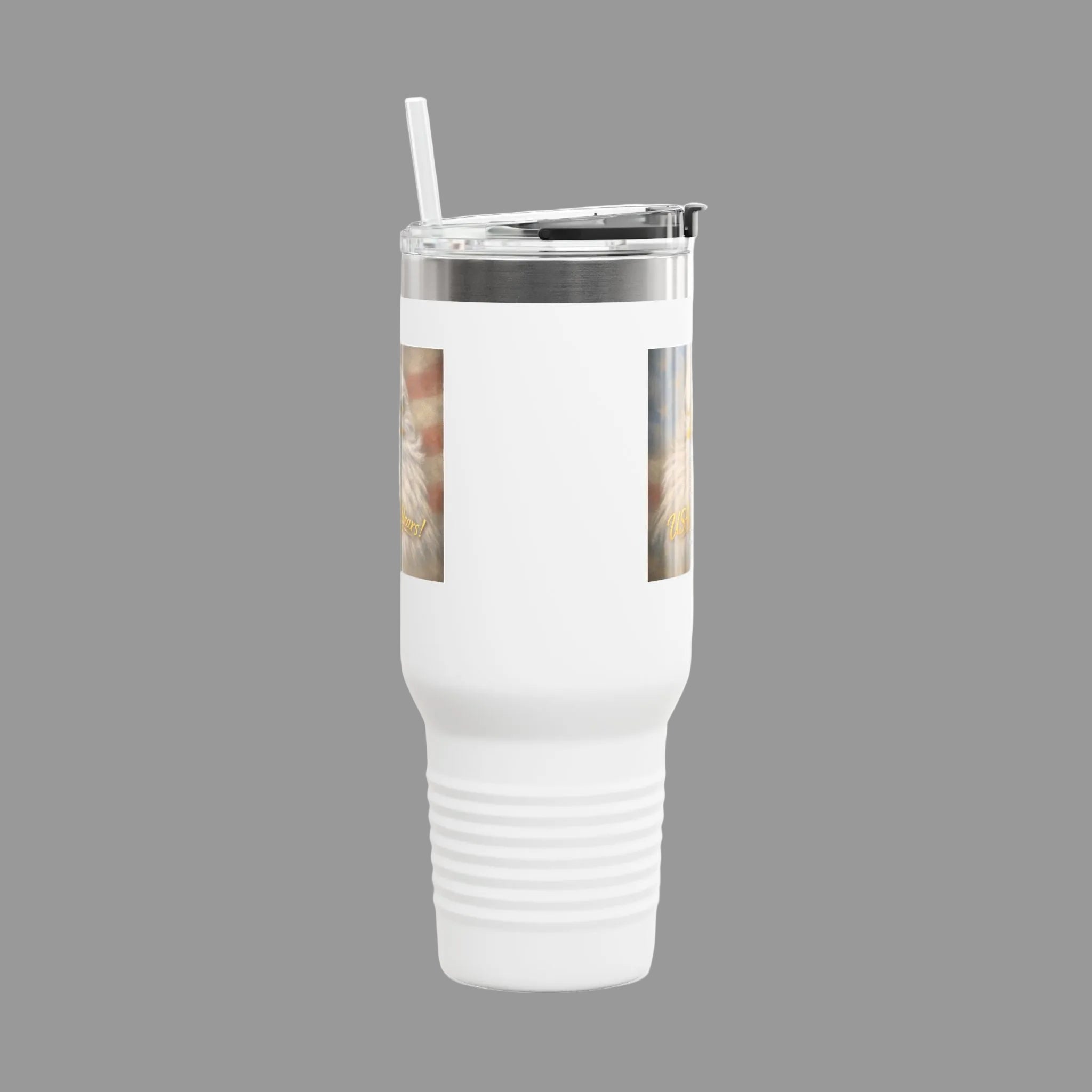 White 40 oz insulated travelers mug with a silver lid and straw 