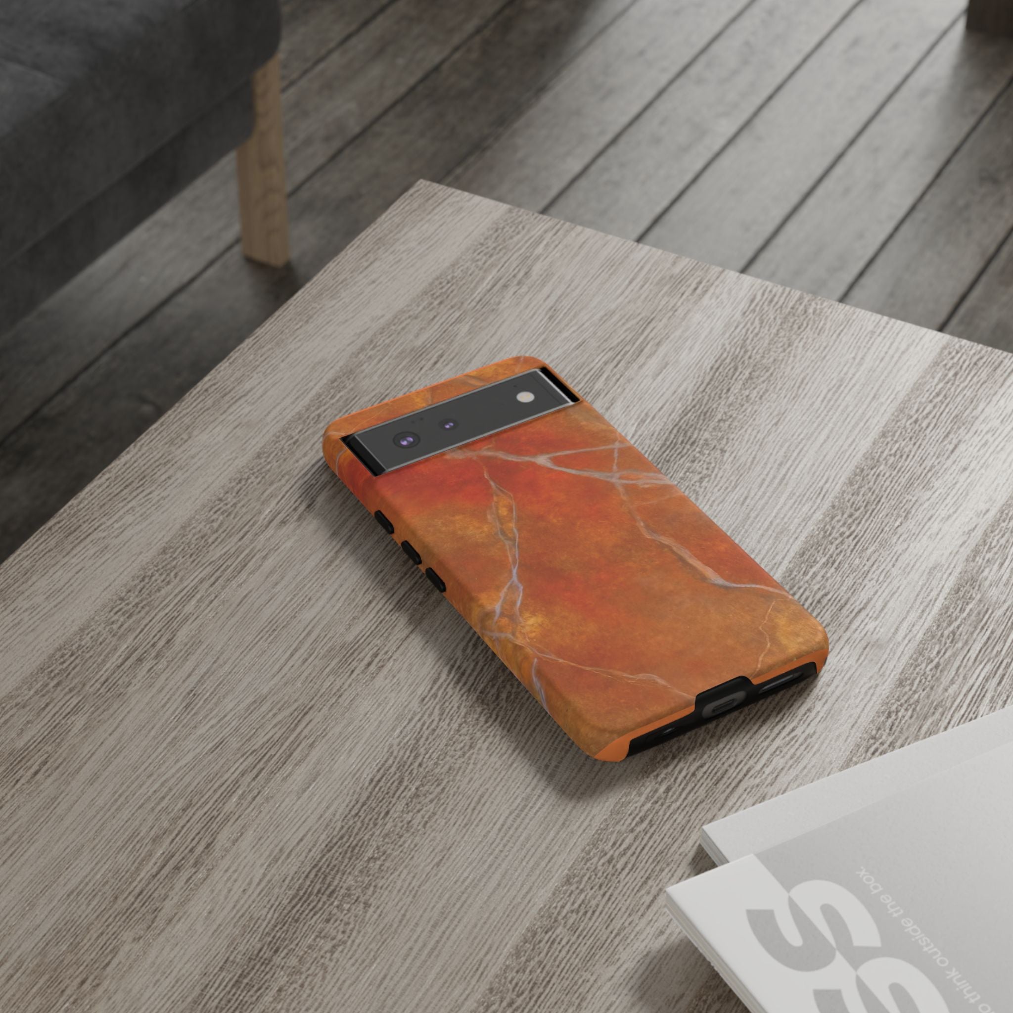 Phone case in sophisticated red orange marble design that is impact resistant tough in glossy or matte finish