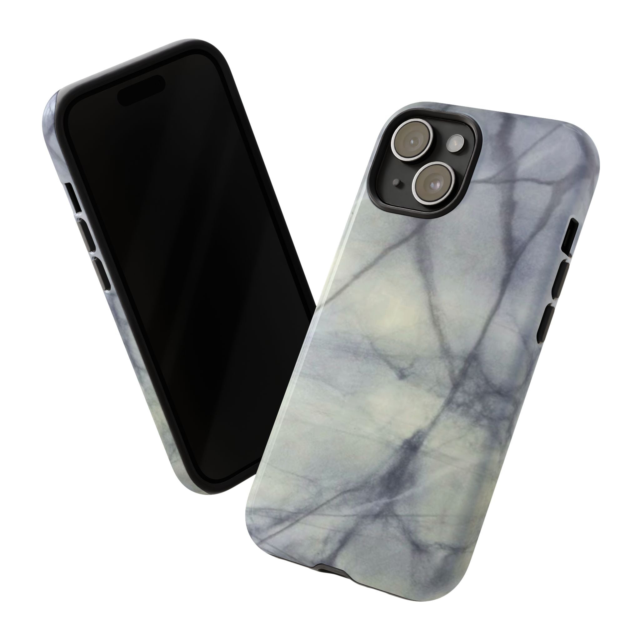 Phone case in impressive grey marble design with shock absorbing dual layer shell and UV resistance in 3D wrap