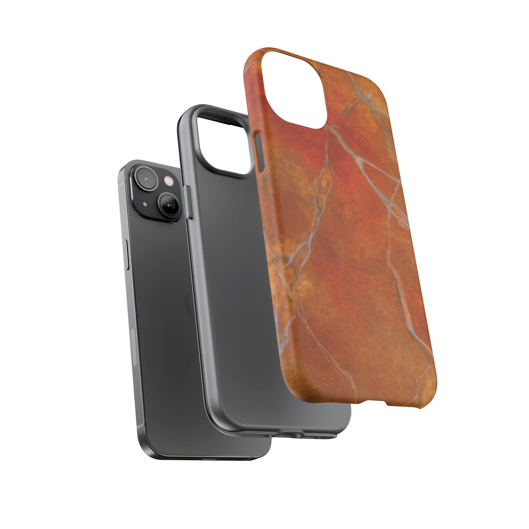 Phone case in sophisticated red orange marble design that is impact resistant tough in glossy or matte finish
