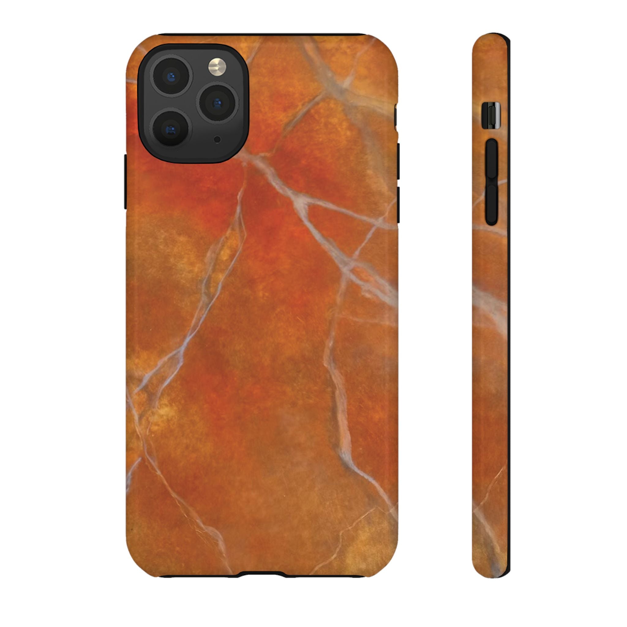 Phone case in sophisticated red orange marble design that is impact resistant tough in glossy or matte finish