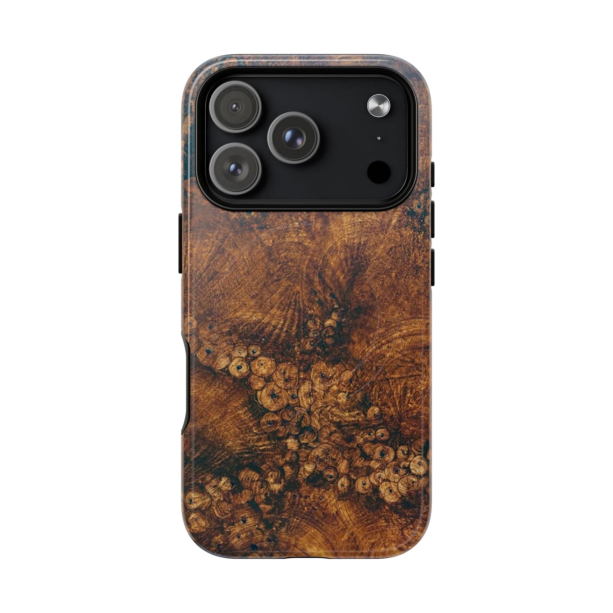 Magnetic iphone case with a natural Burl Wood Design compatible with MagSafe accessories in tough Dual Layer Shell
