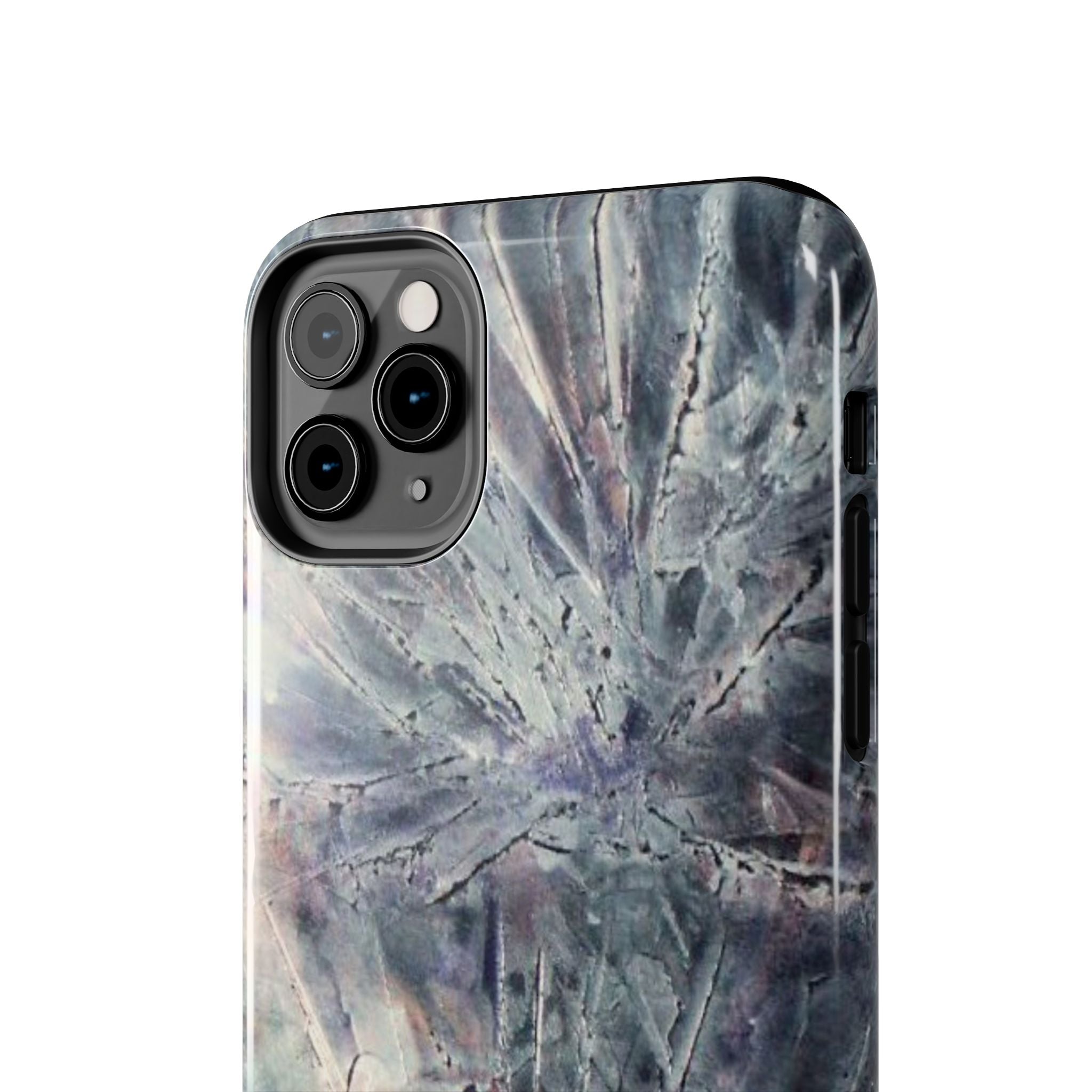 Phone case in abstract bursts of silver crystal design with rubber lining for strong impact and UV protection