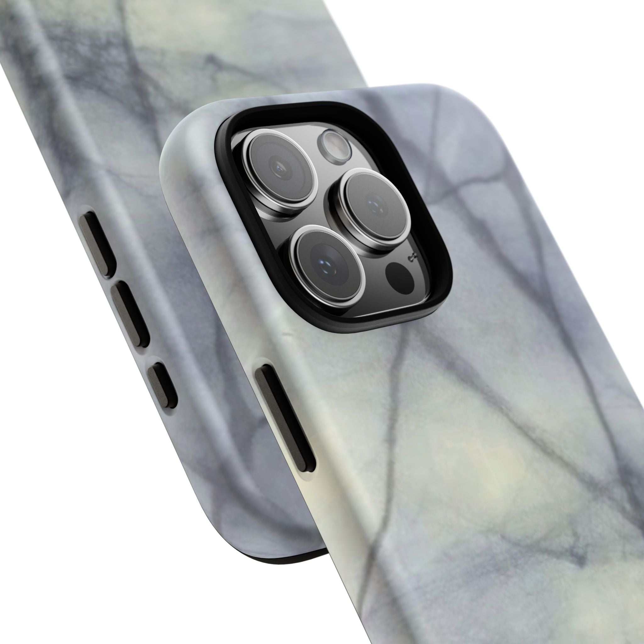 Phone case in impressive grey marble design with shock absorbing dual layer shell and UV resistance in 3D wrap