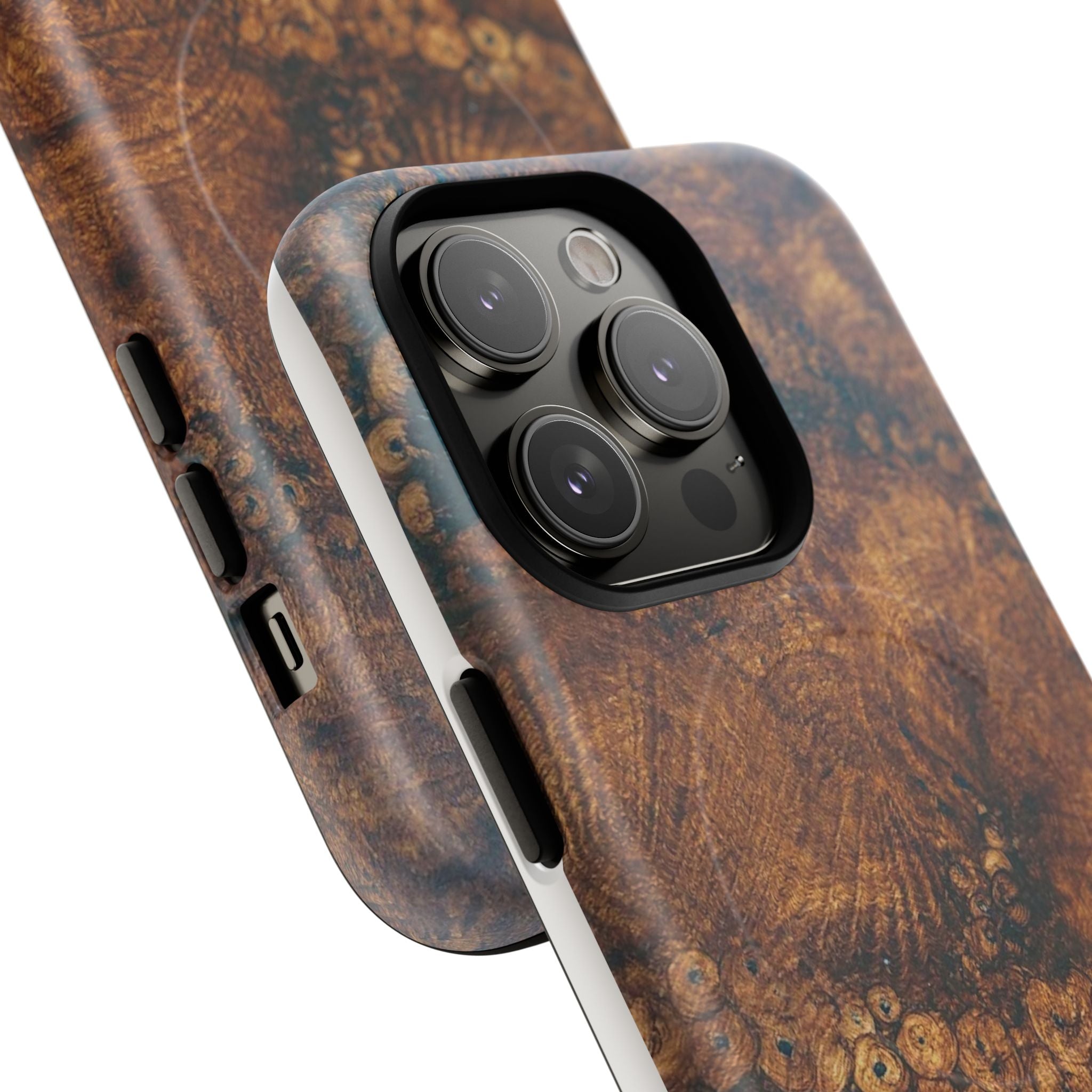 Magnetic iphone case with a natural Burl Wood Design compatible with MagSafe accessories in tough Dual Layer Shell