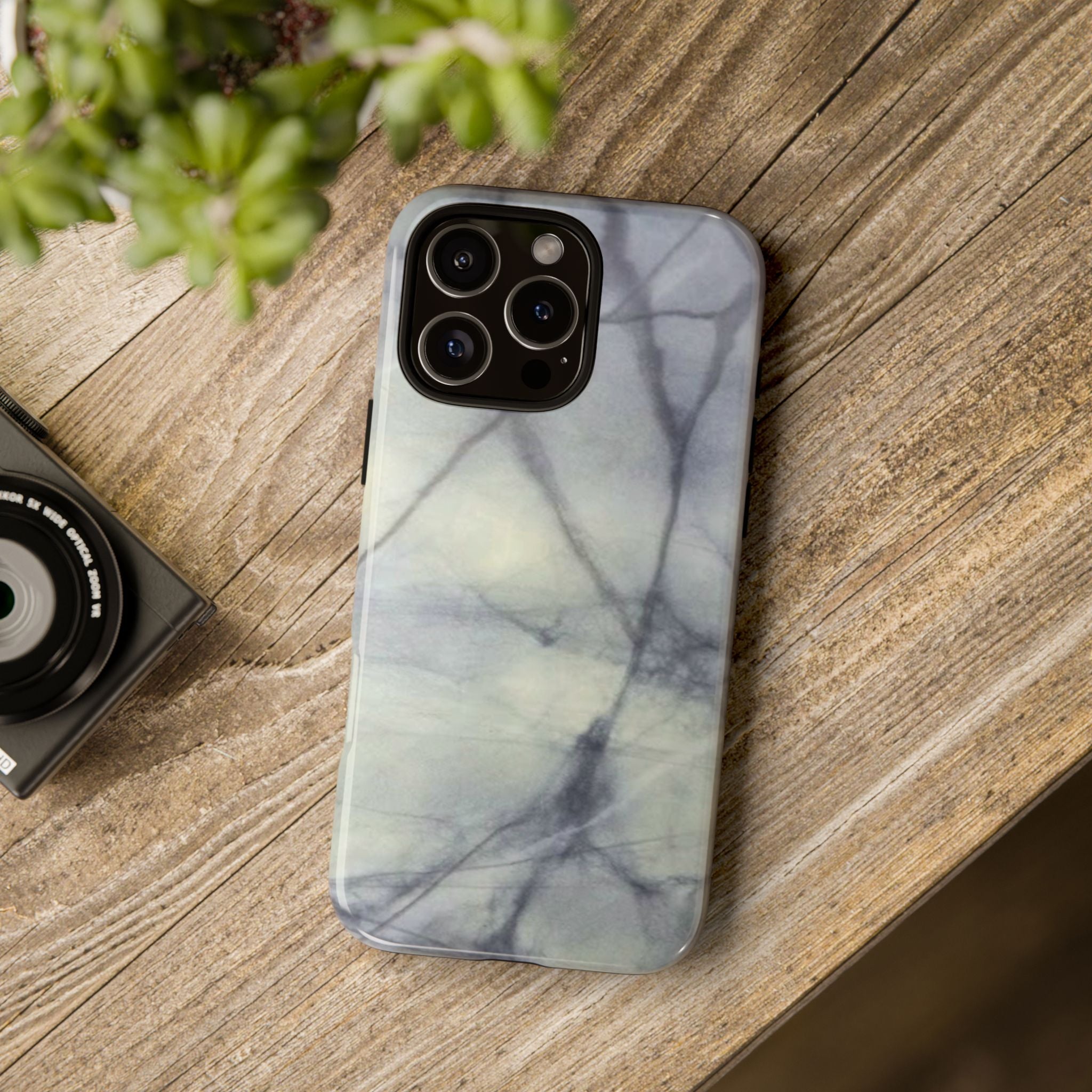 Phone case in impressive grey marble design with shock absorbing dual layer shell and UV resistance in 3D wrap