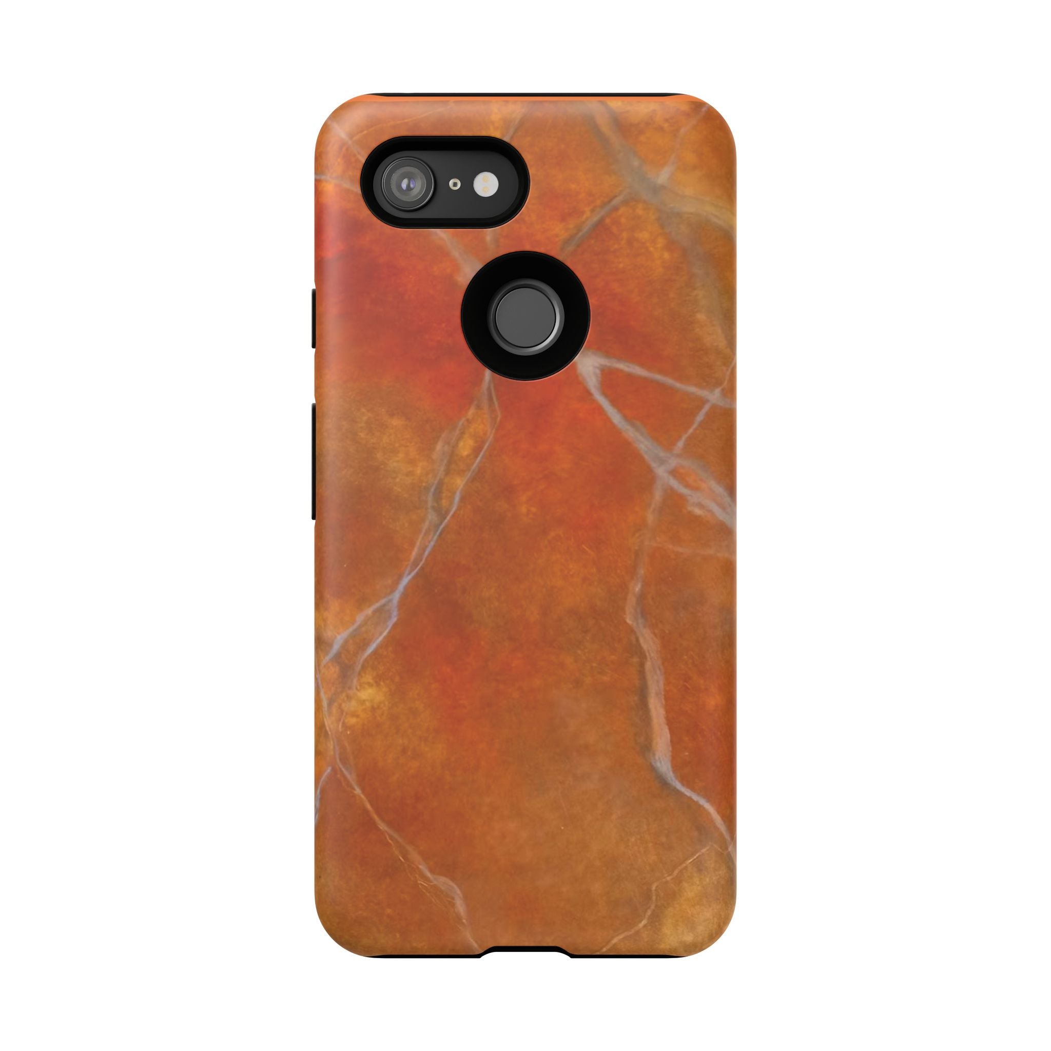 Phone case in sophisticated red orange marble design that is impact resistant tough in glossy or matte finish