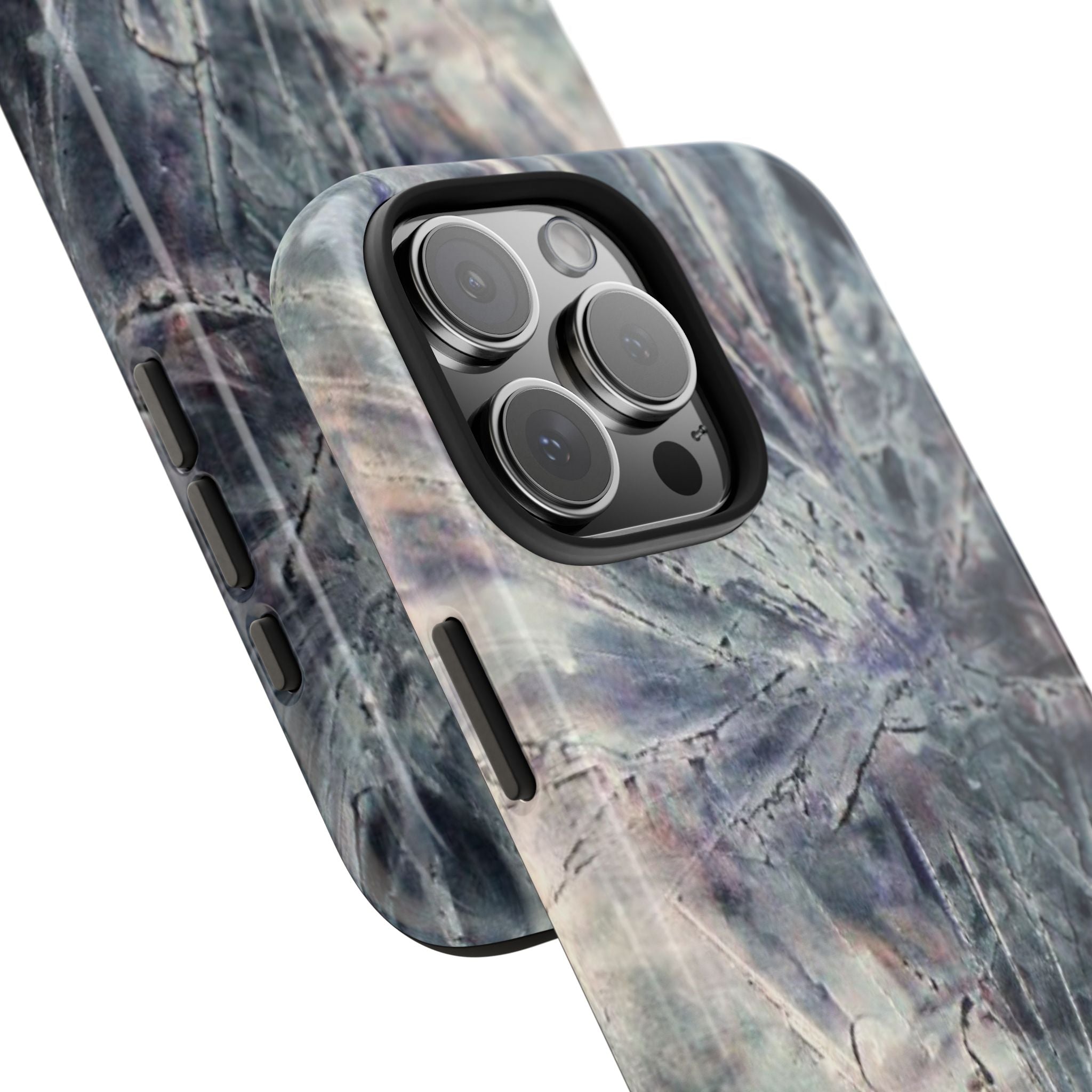 Phone case in abstract bursts of silver crystal design with rubber lining for strong impact and UV protection