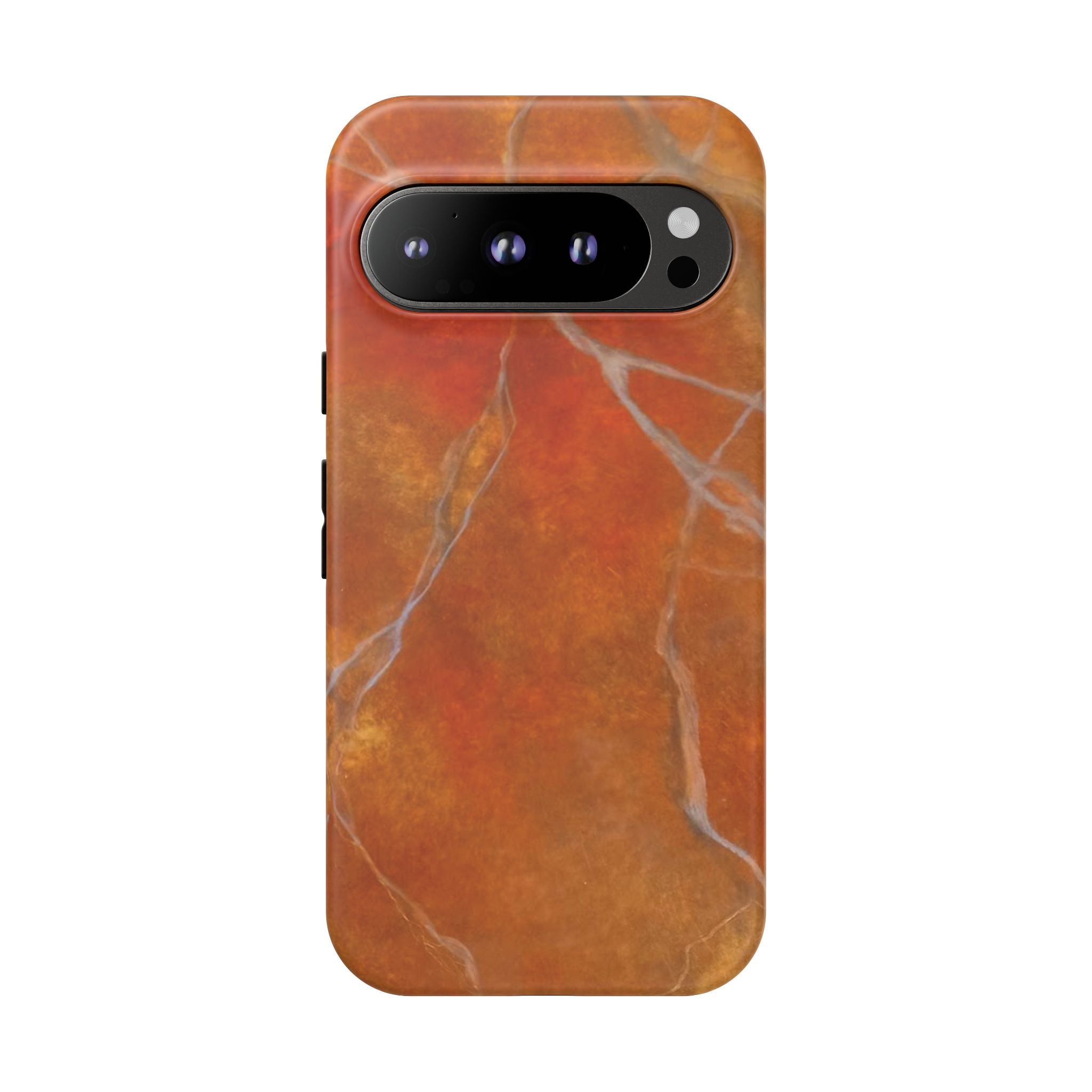 Phone case in sophisticated red orange marble design that is impact resistant tough in glossy or matte finish
