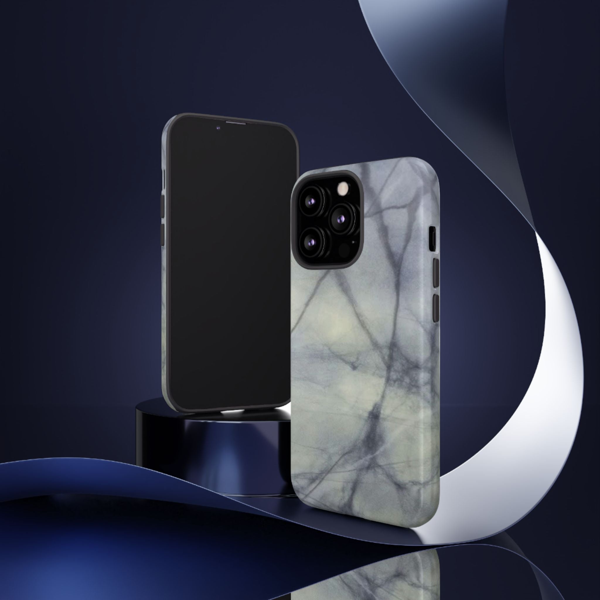 Phone case in impressive grey marble design with shock absorbing dual layer shell and UV resistance in 3D wrap