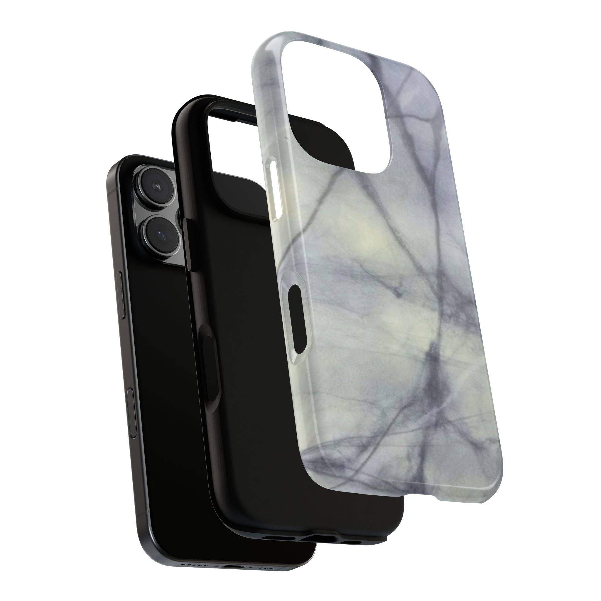 Phone case in impressive grey marble design with shock absorbing dual layer shell and UV resistance in 3D wrap
