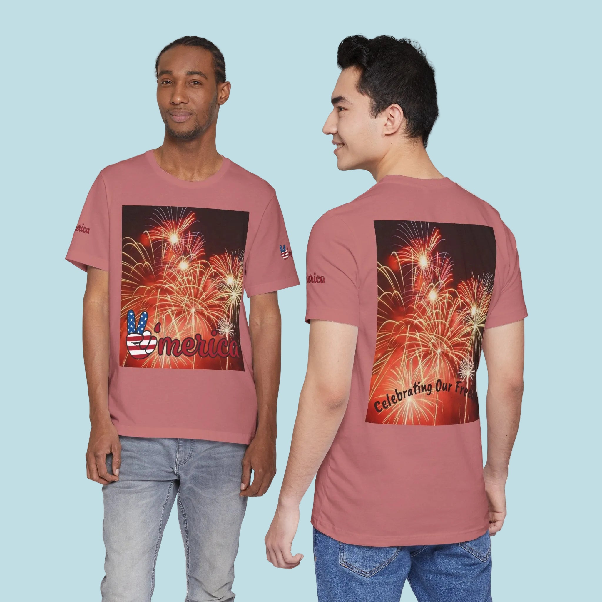 Mauve t-shirt with a fireworks design 100% cotton XS-4XL