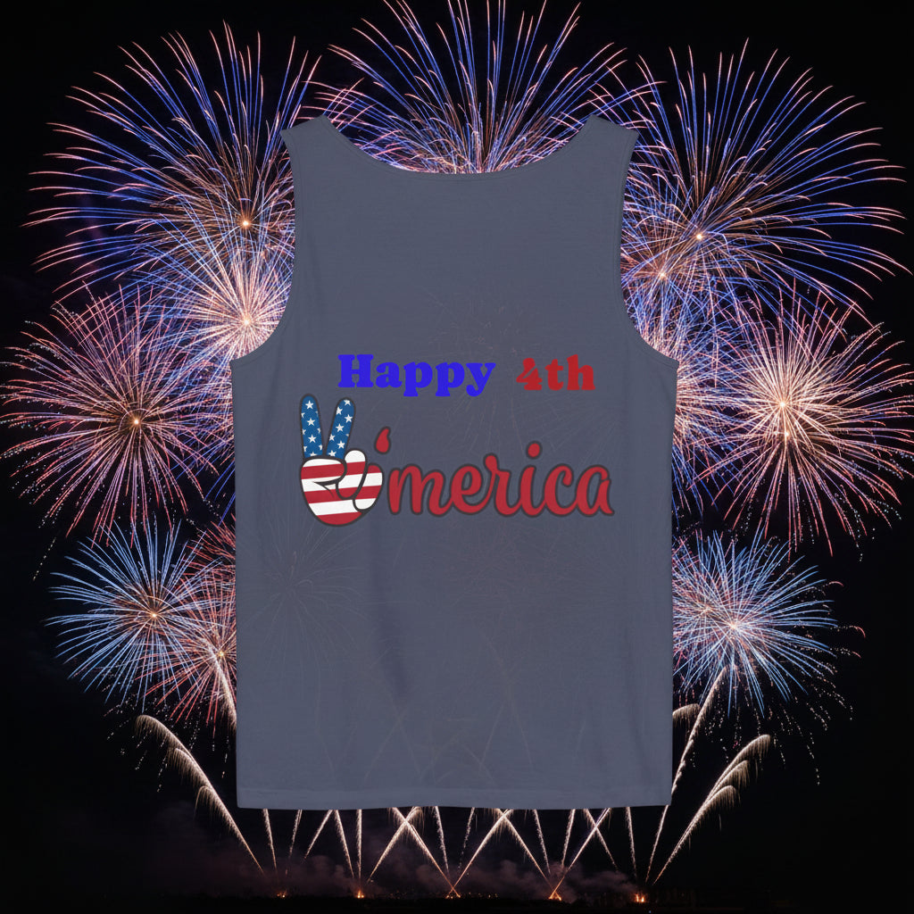 Unisex tank top with 'Happy 4th 'merica' text and peace sign design in 4 colors
