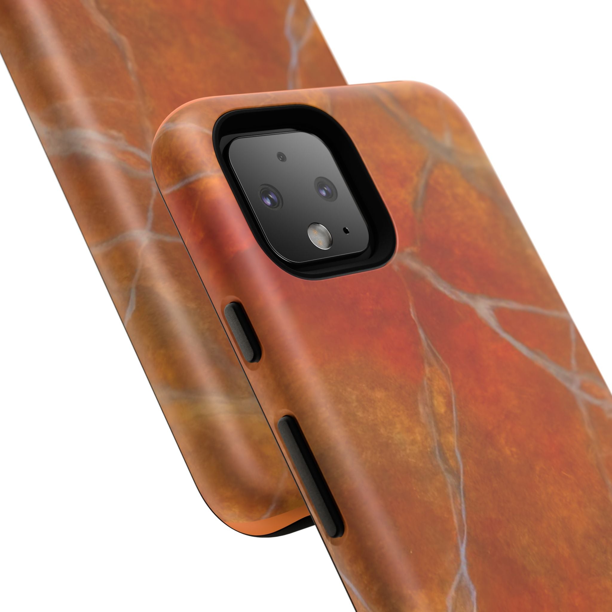 Phone case in sophisticated red orange marble design that is impact resistant tough in glossy or matte finish