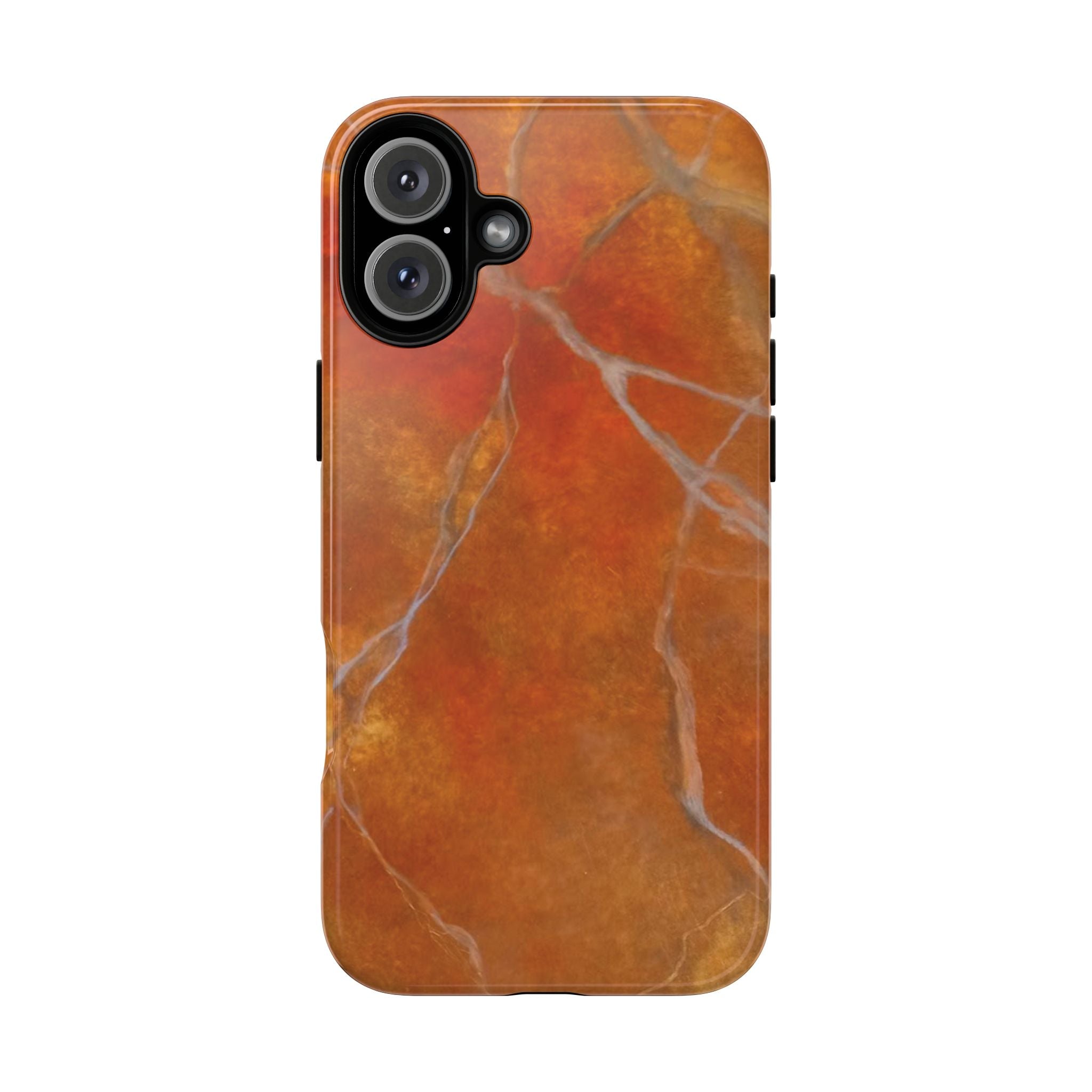 Phone case in sophisticated red orange marble design that is impact resistant tough in glossy or matte finish