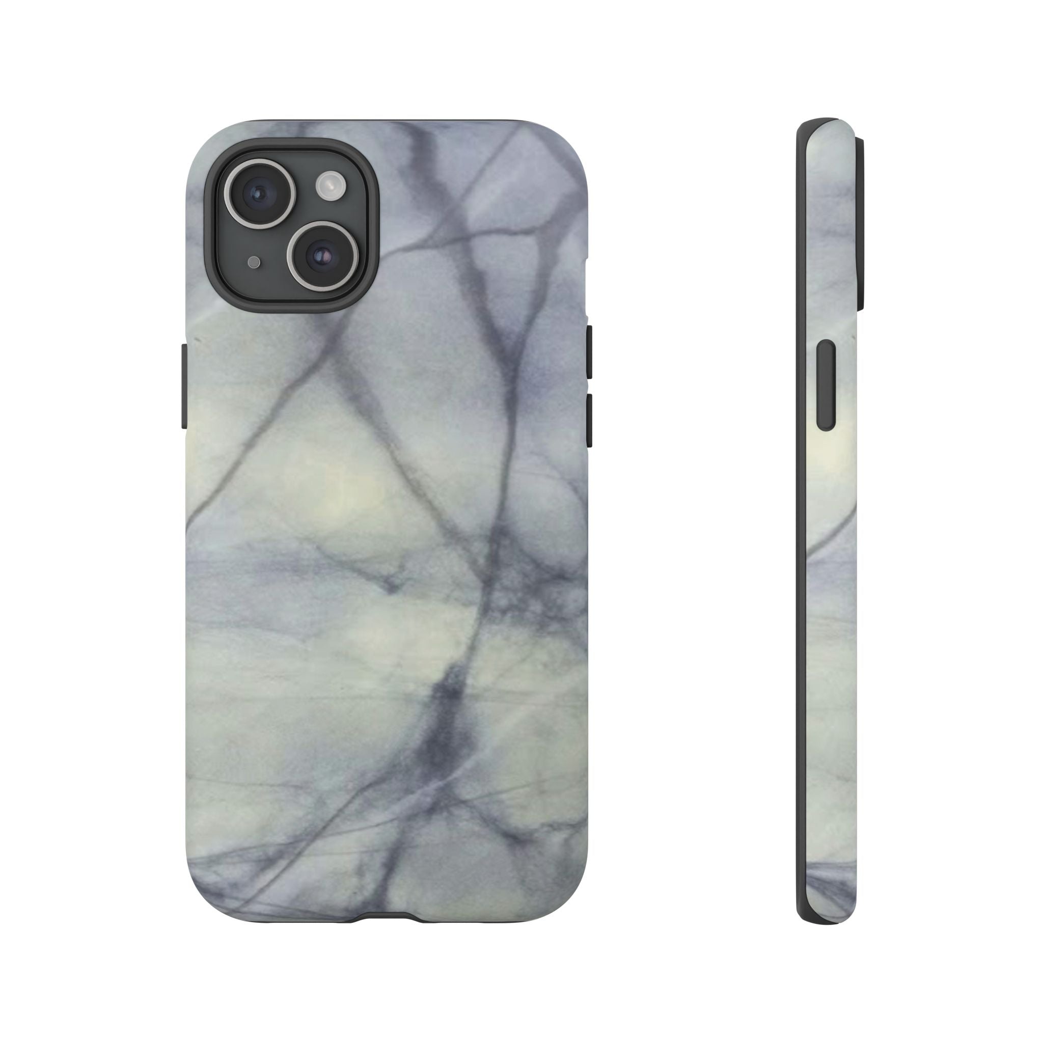 Phone case in impressive grey marble design with shock absorbing dual layer shell and UV resistance in 3D wrap