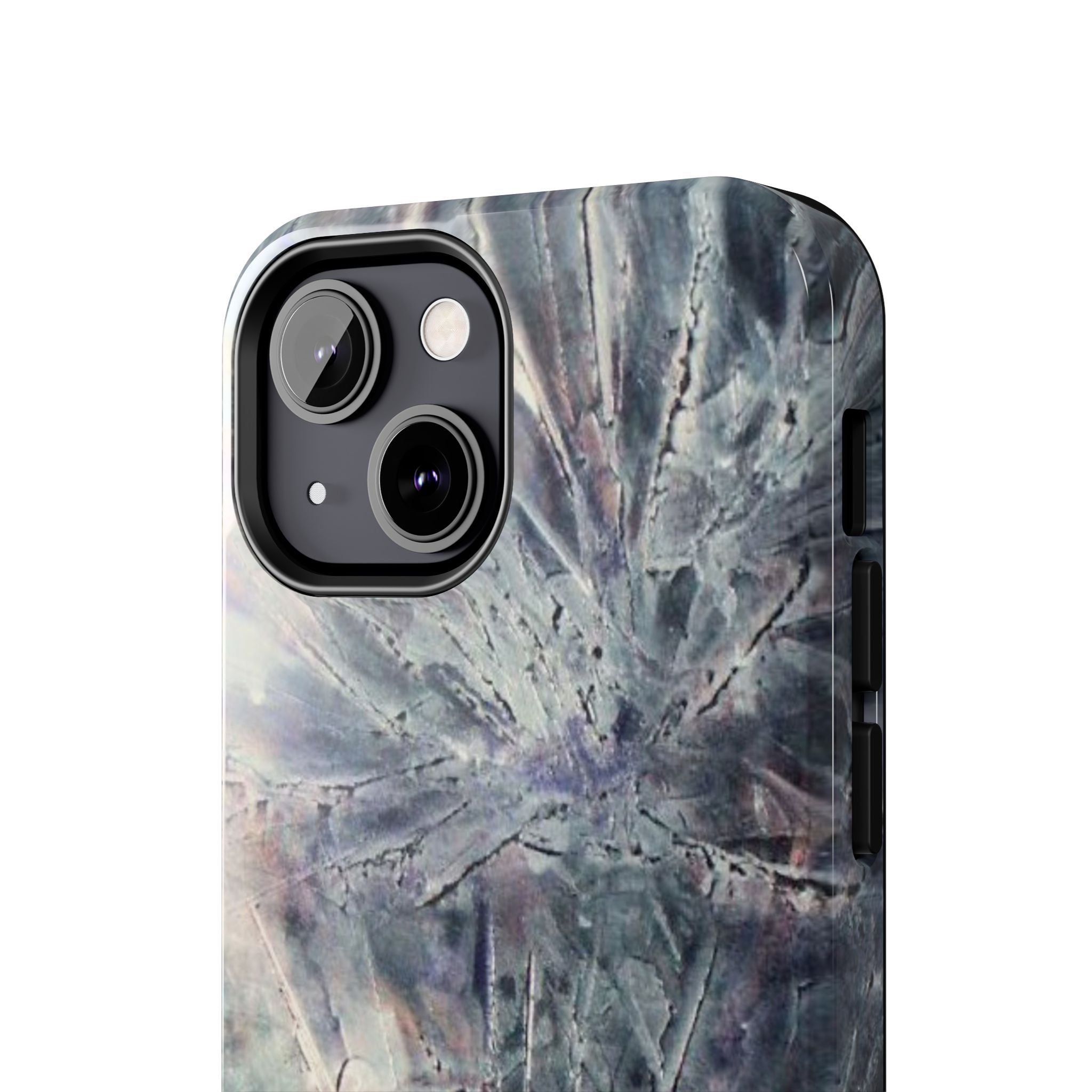 Phone case in abstract bursts of silver crystal design with rubber lining for strong impact and UV protection