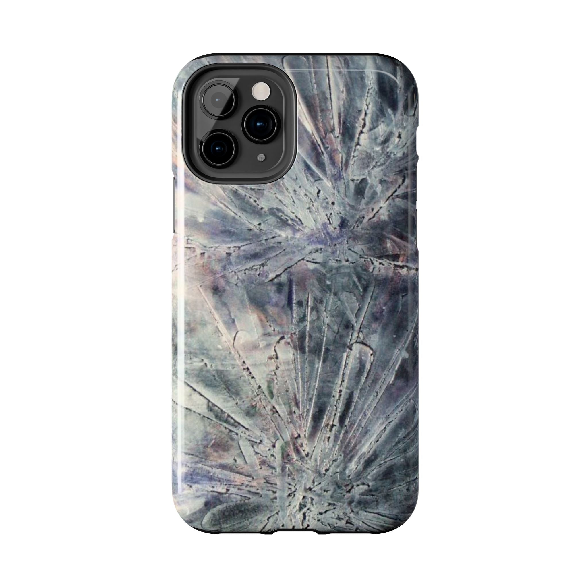 Phone case in abstract bursts of silver crystal design with rubber lining for strong impact and UV protection