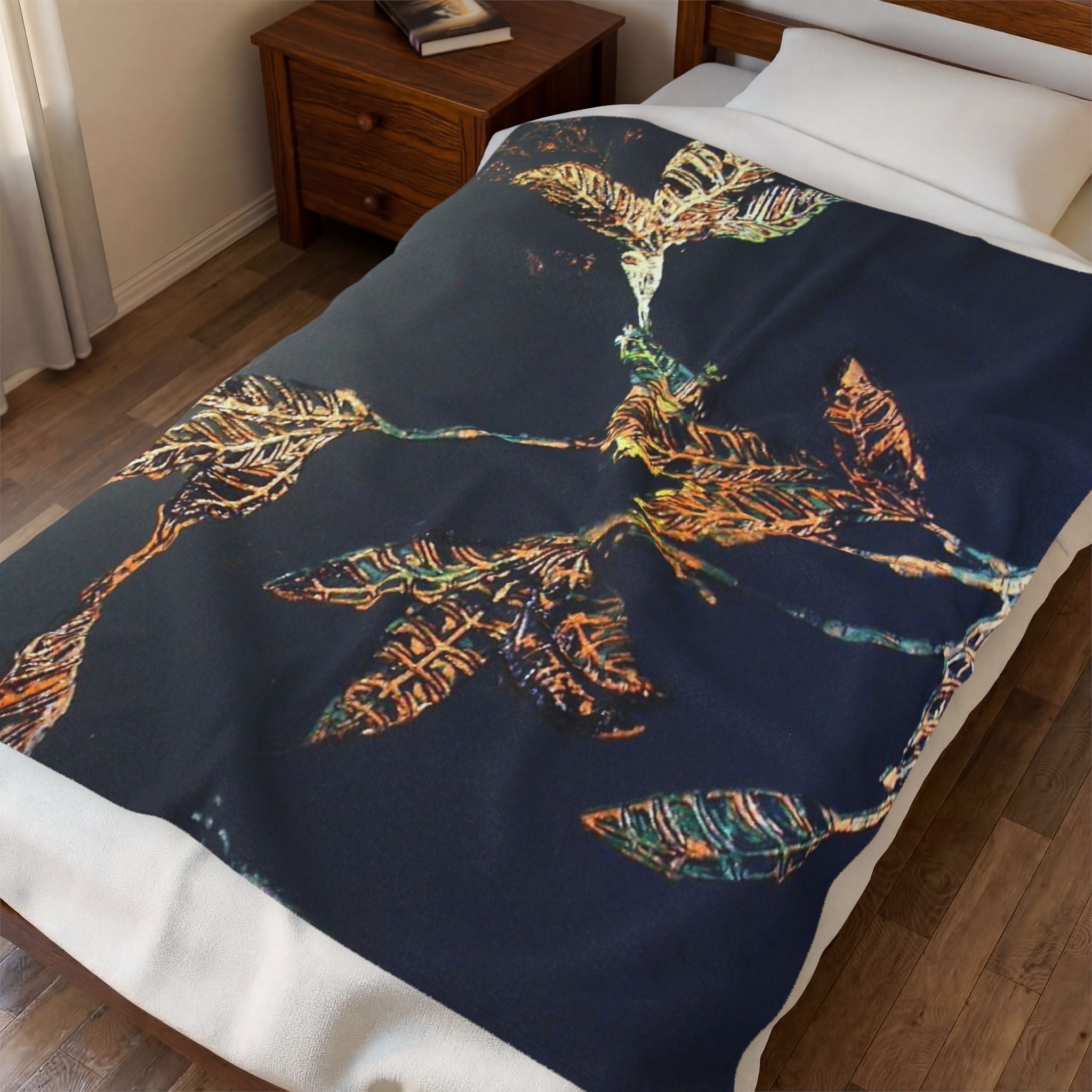 So Soft Black with Gold Leaf Design Velveteen Blanket