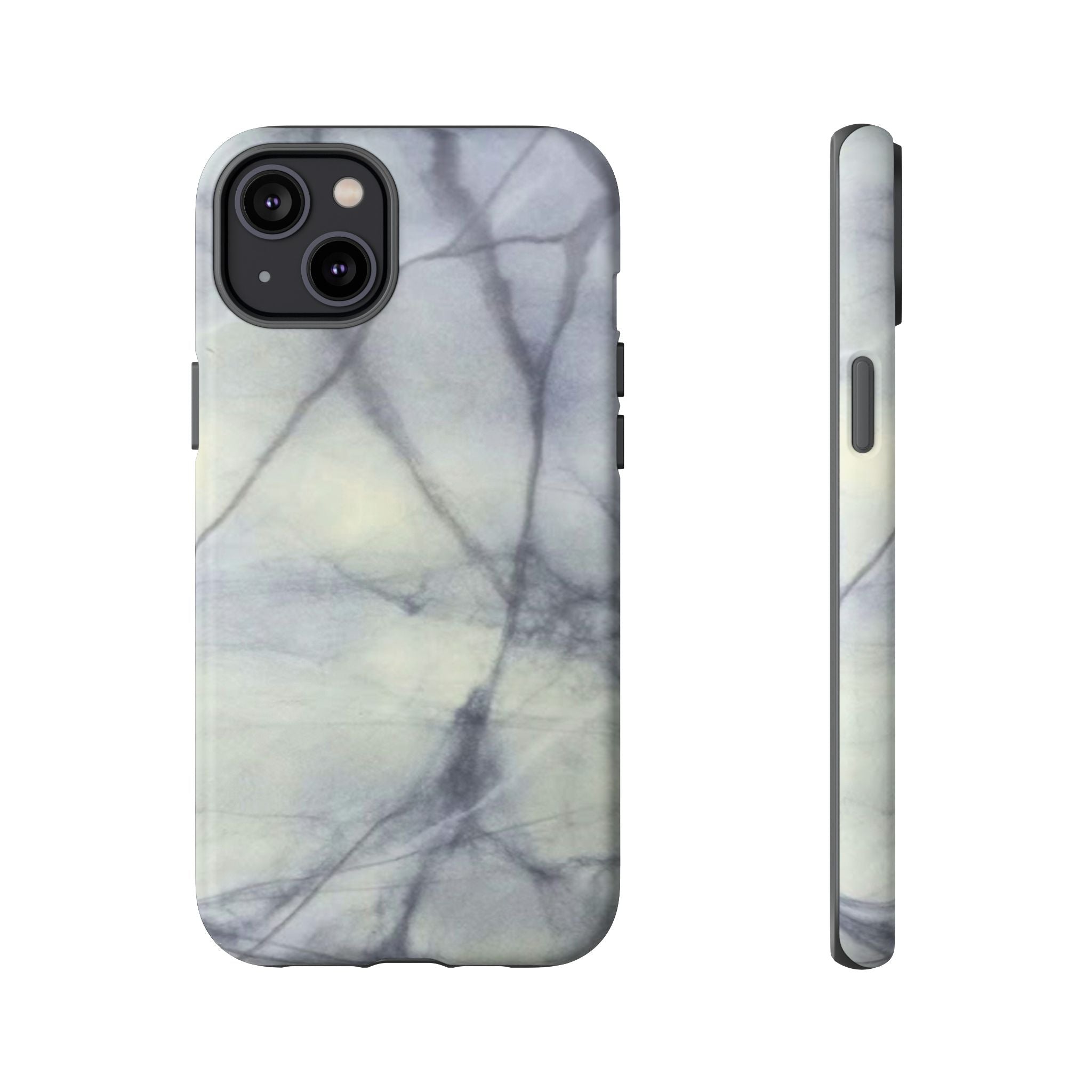 Phone case in impressive grey marble design with shock absorbing dual layer shell and UV resistance in 3D wrap