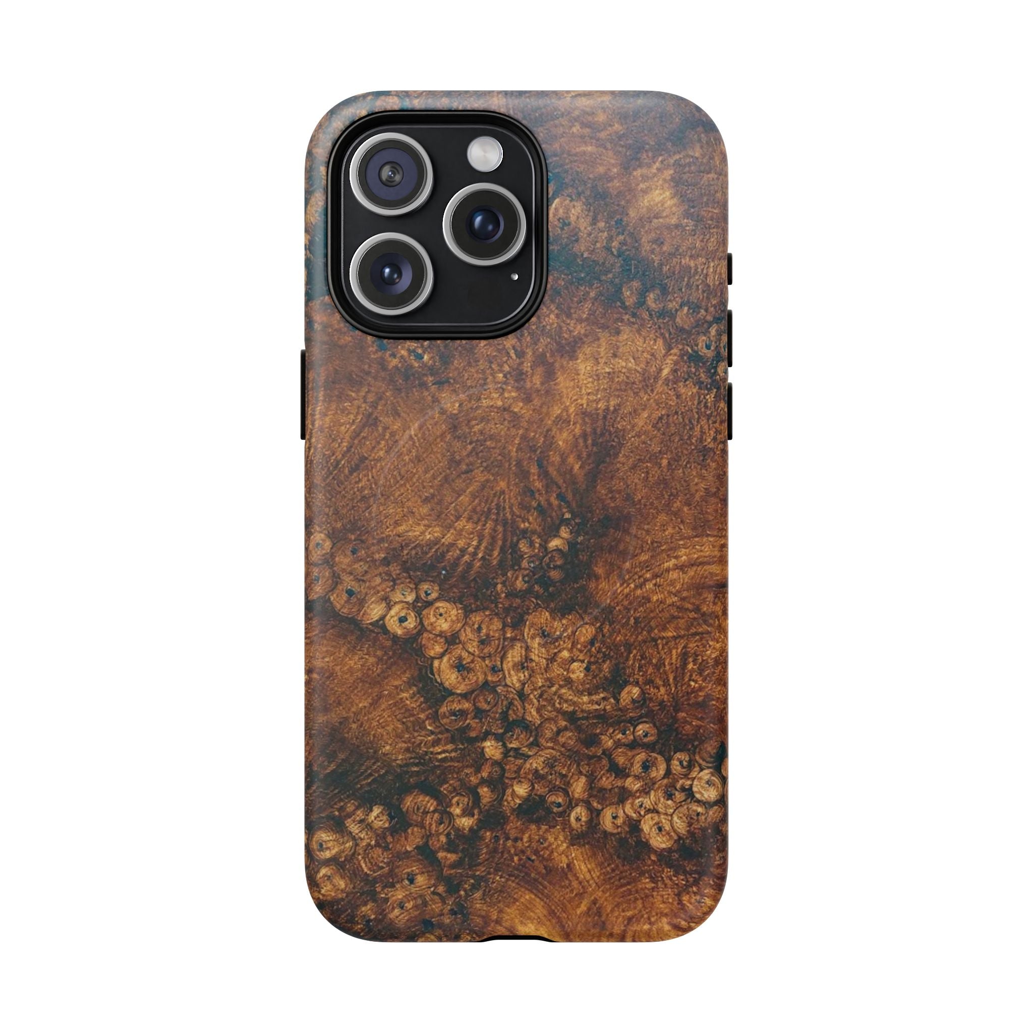 Magnetic iphone case with a natural Burl Wood Design compatible with MagSafe accessories in tough Dual Layer Shell