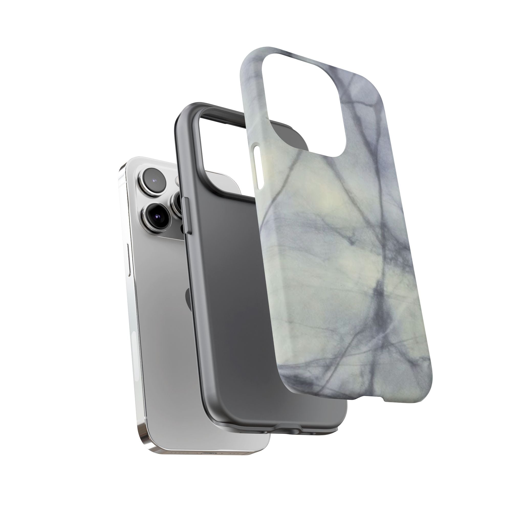 Phone case in impressive grey marble design with shock absorbing dual layer shell and UV resistance in 3D wrap