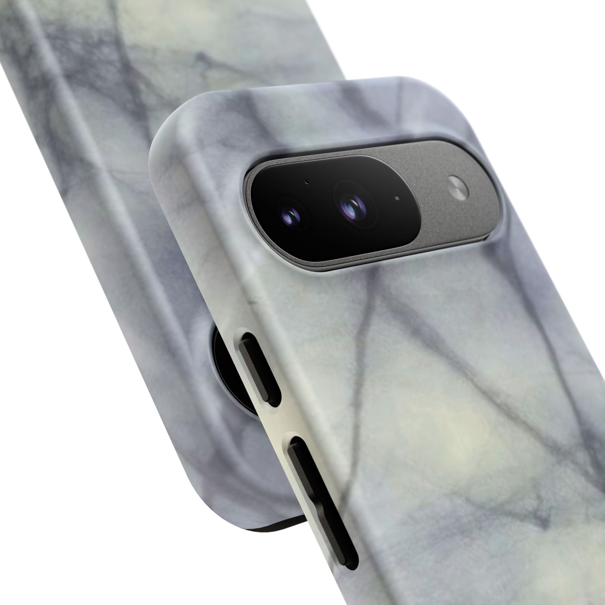 Phone case in impressive grey marble design with shock absorbing dual layer shell and UV resistance in 3D wrap