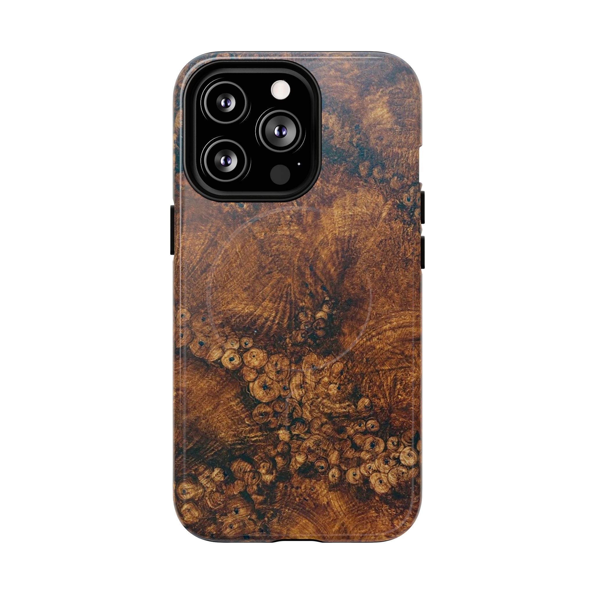 Magnetic iphone case with a natural Burl Wood Design compatible with MagSafe accessories in tough Dual Layer Shell