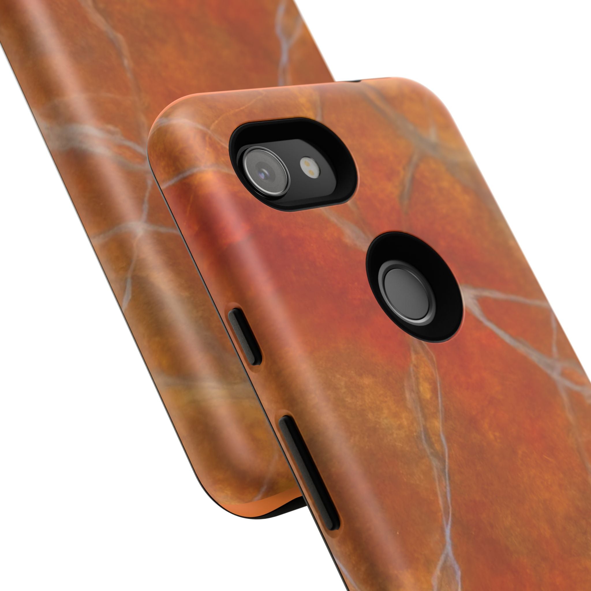 Phone case in sophisticated red orange marble design that is impact resistant tough in glossy or matte finish