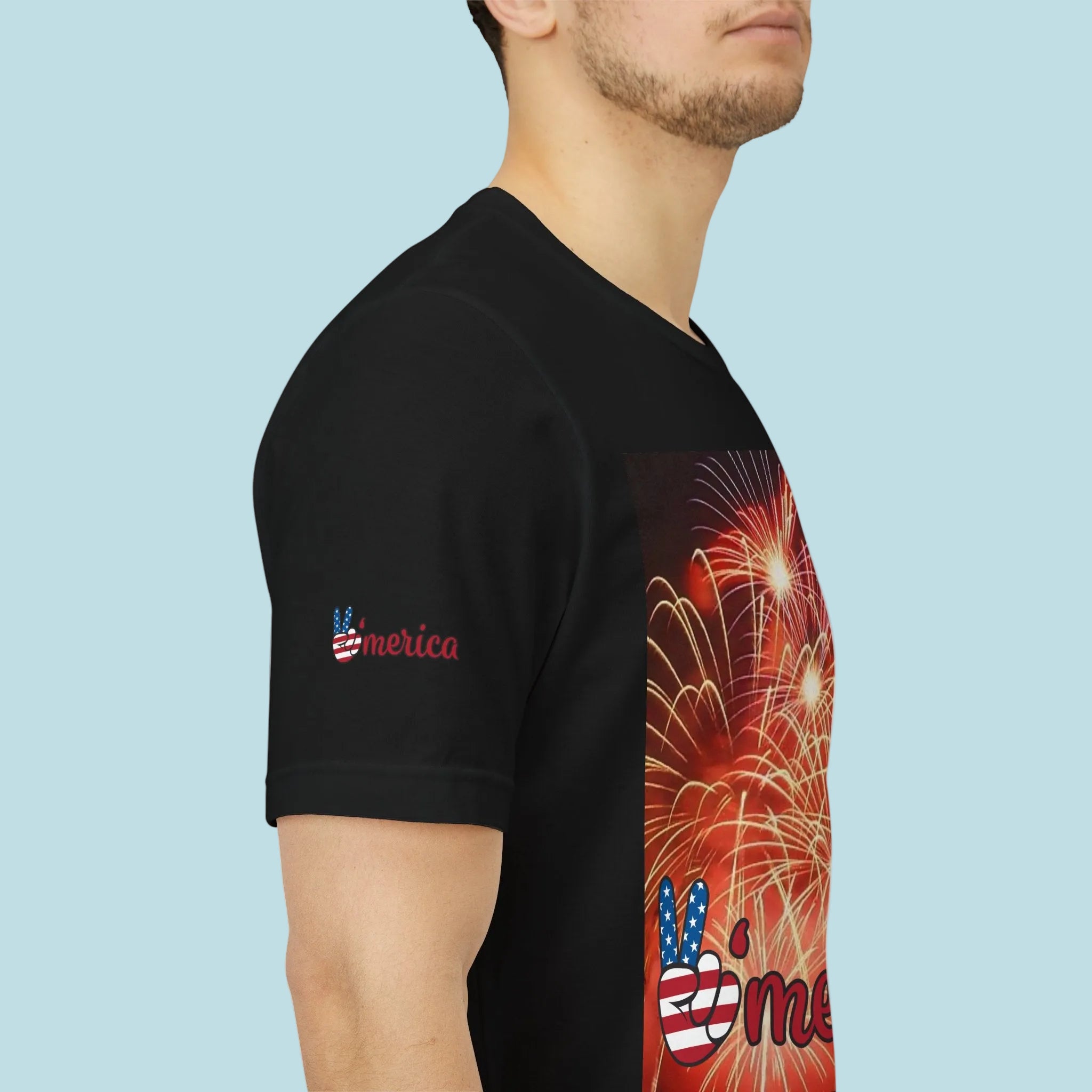Black t-shirt with 'merica design on sleeves