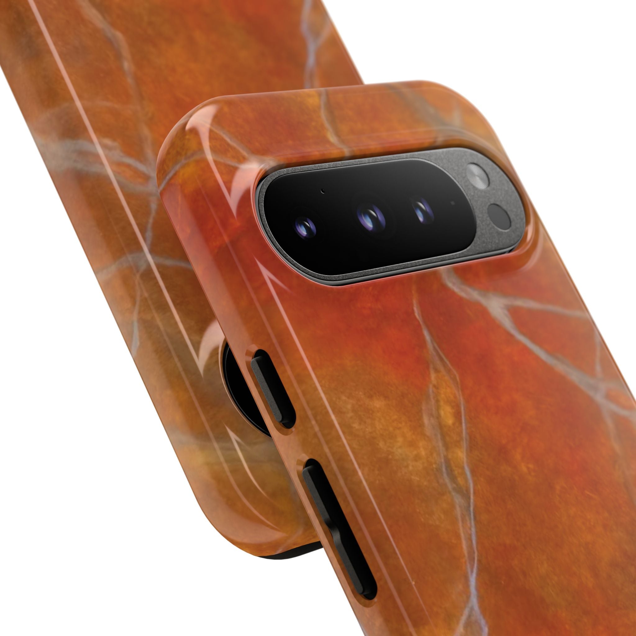 Phone case in sophisticated red orange marble design that is impact resistant tough in glossy or matte finish