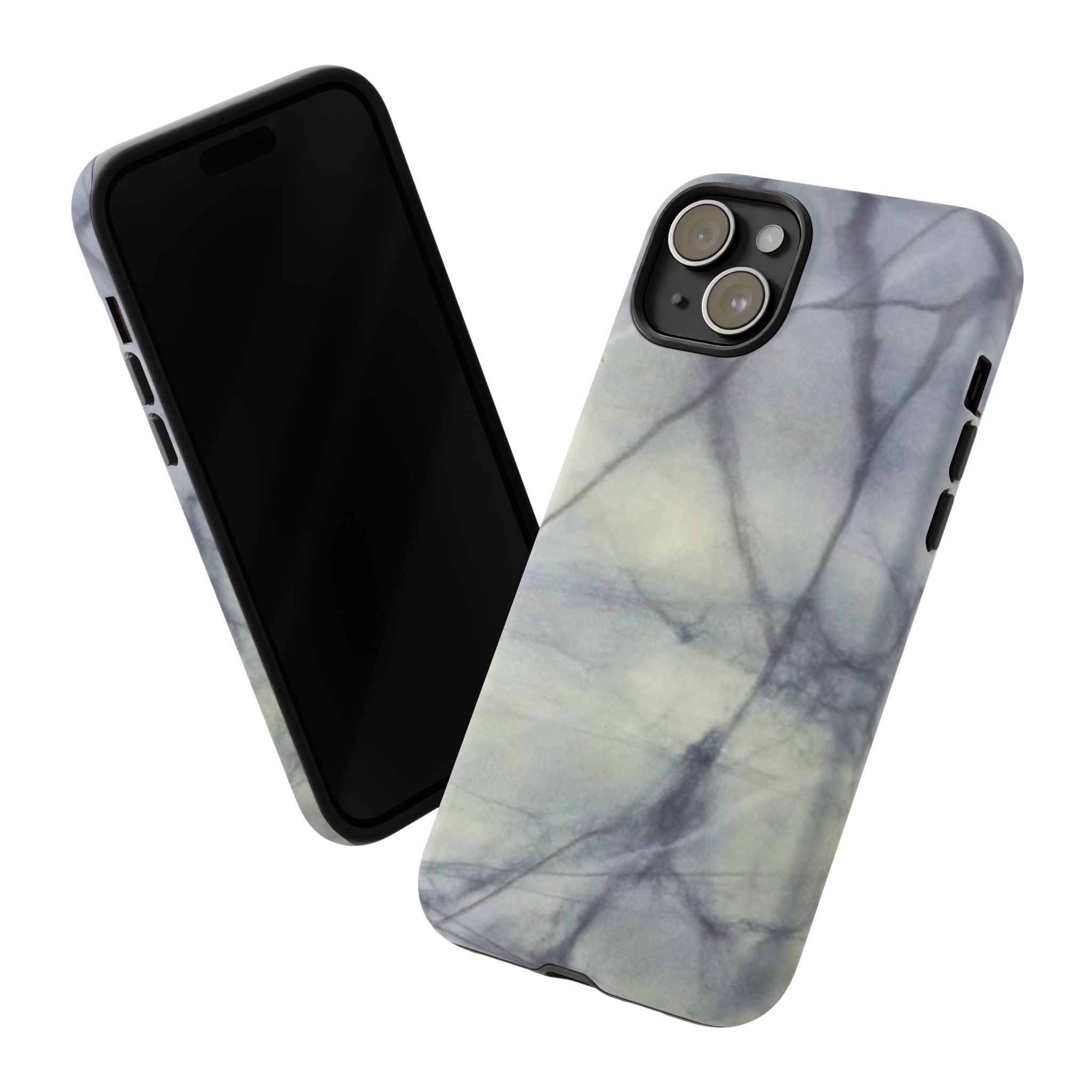 Phone case in impressive grey marble design with shock absorbing dual layer shell and UV resistance in 3D wrap