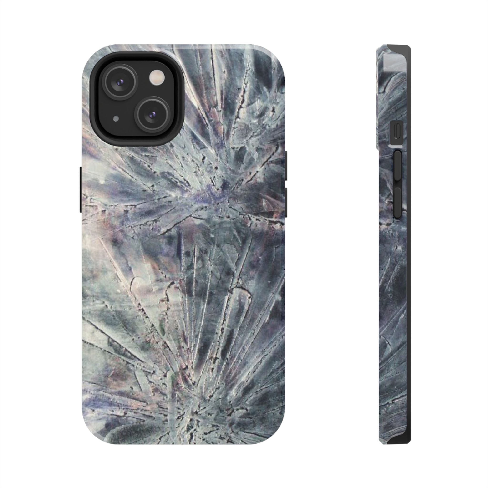 Phone case in abstract bursts of silver crystal design with rubber lining for strong impact and UV protection