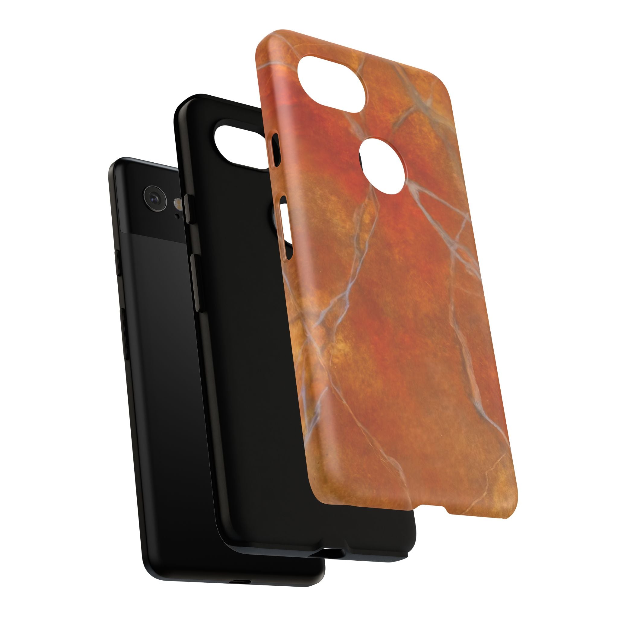Phone case in sophisticated red orange marble design that is impact resistant tough in glossy or matte finish