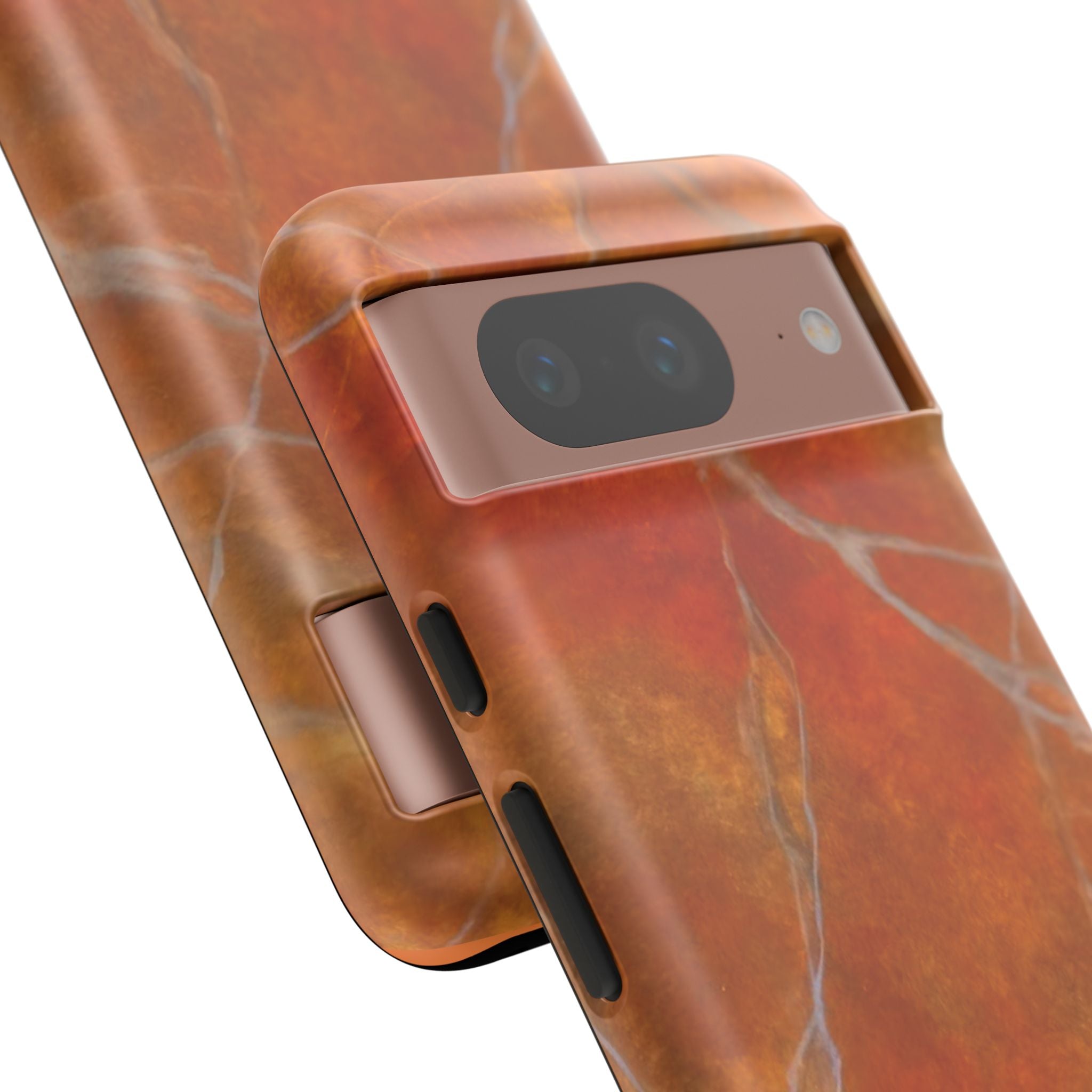 Phone case in sophisticated red orange marble design that is impact resistant tough in glossy or matte finish