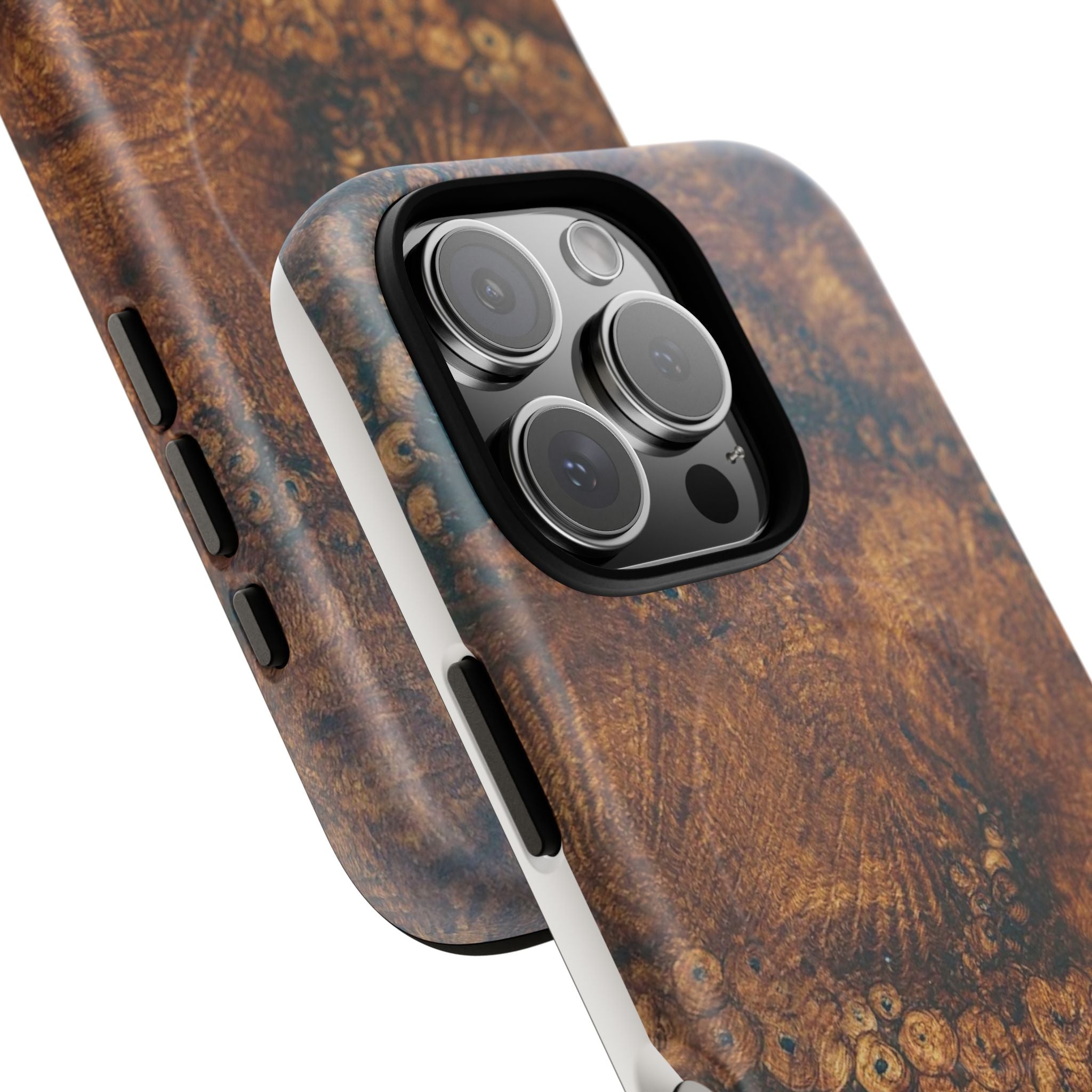 Magnetic iphone case with a natural Burl Wood Design compatible with MagSafe accessories in tough Dual Layer Shell