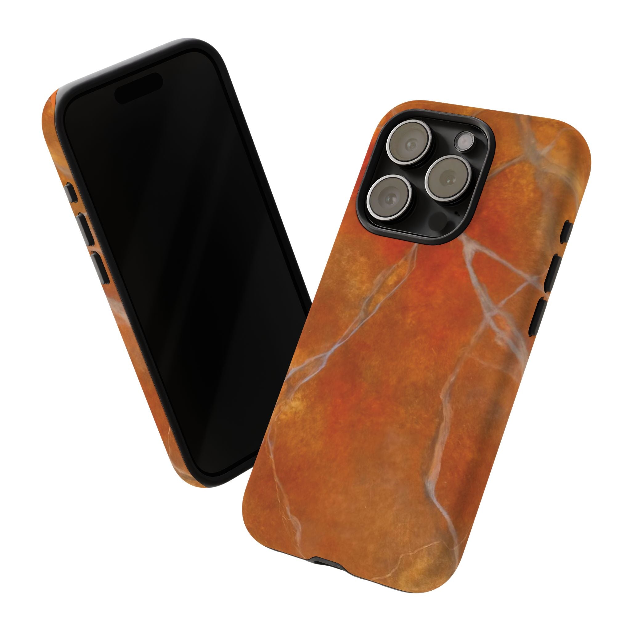 Phone case in sophisticated red orange marble design that is impact resistant tough in glossy or matte finish