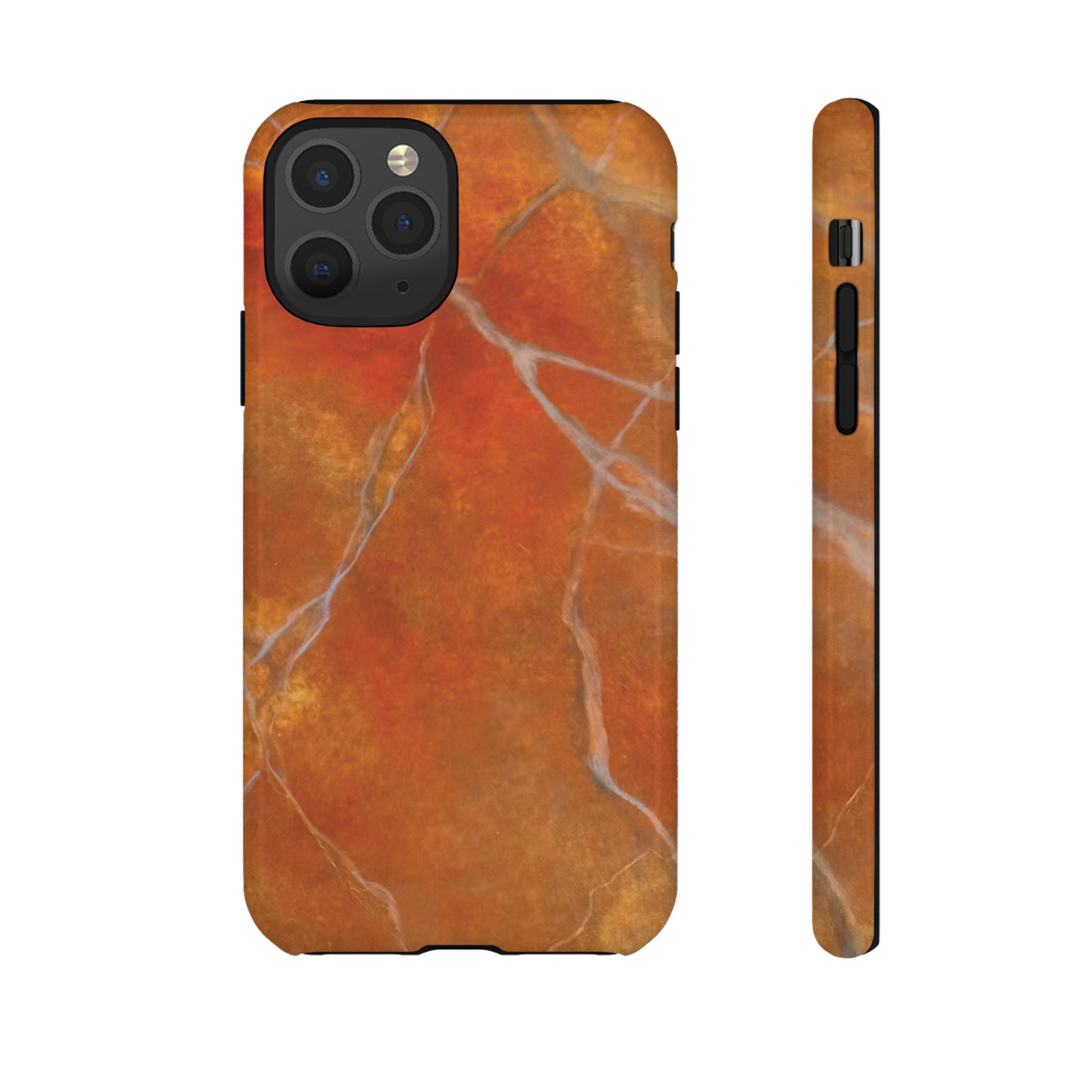Phone case in sophisticated red orange marble design that is impact resistant tough in glossy or matte finish