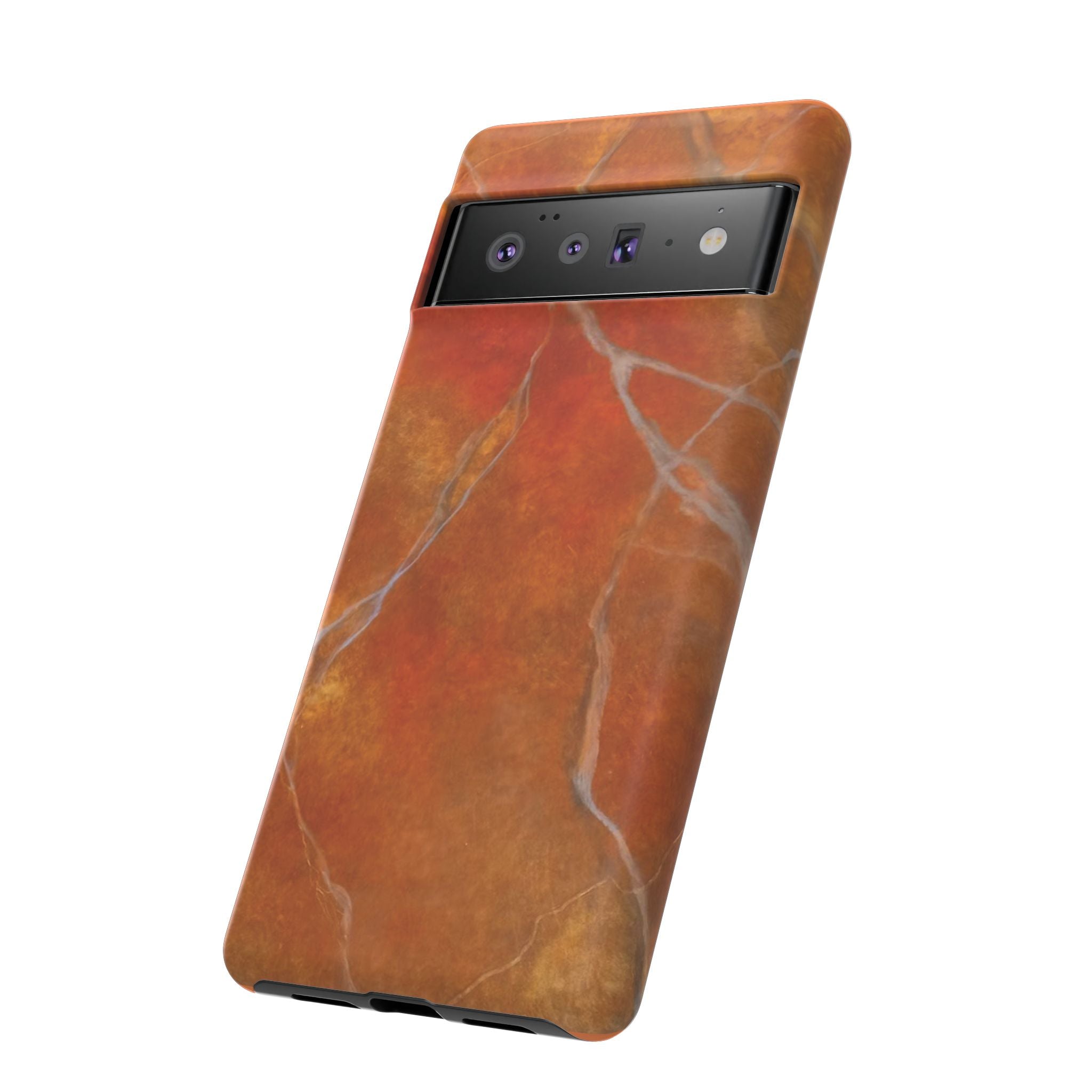 Phone case in sophisticated red orange marble design that is impact resistant tough in glossy or matte finish