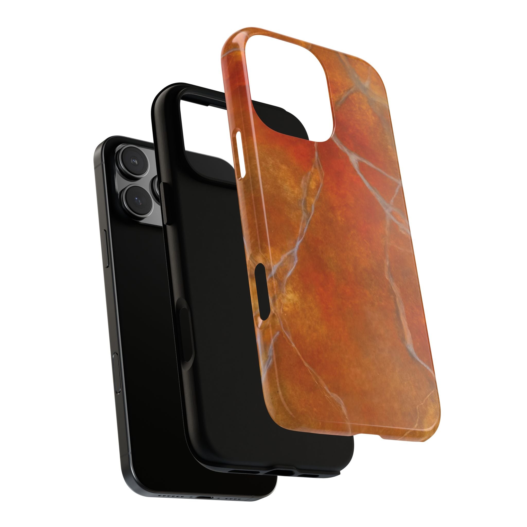 Phone case in sophisticated red orange marble design that is impact resistant tough in glossy or matte finish