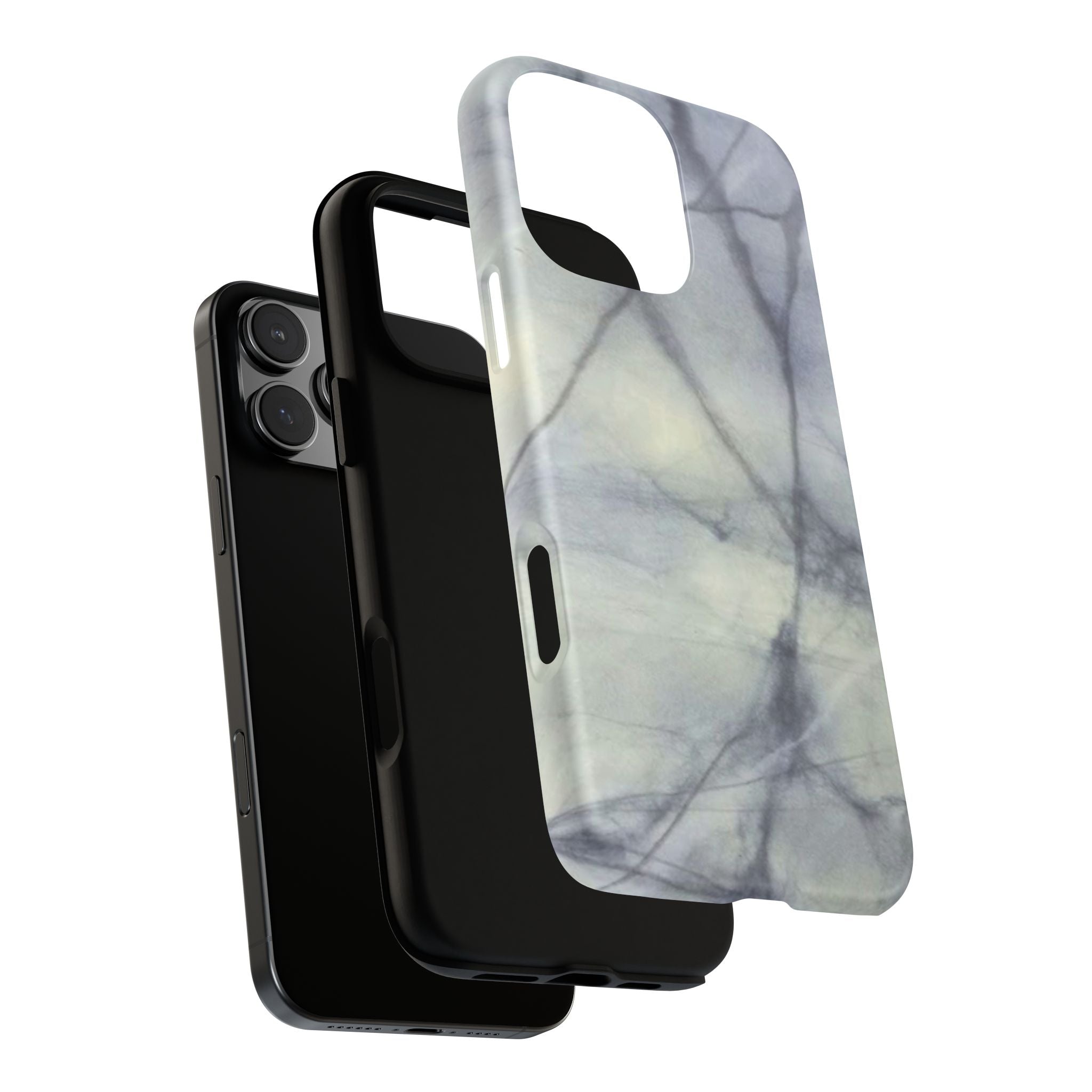 Phone case in impressive grey marble design with shock absorbing dual layer shell and UV resistance in 3D wrap
