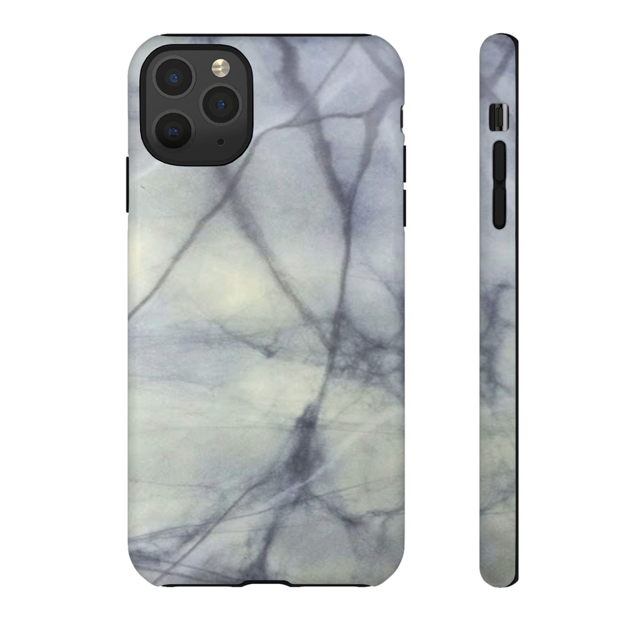 Phone case in impressive grey marble design with shock absorbing dual layer shell and UV resistance in 3D wrap