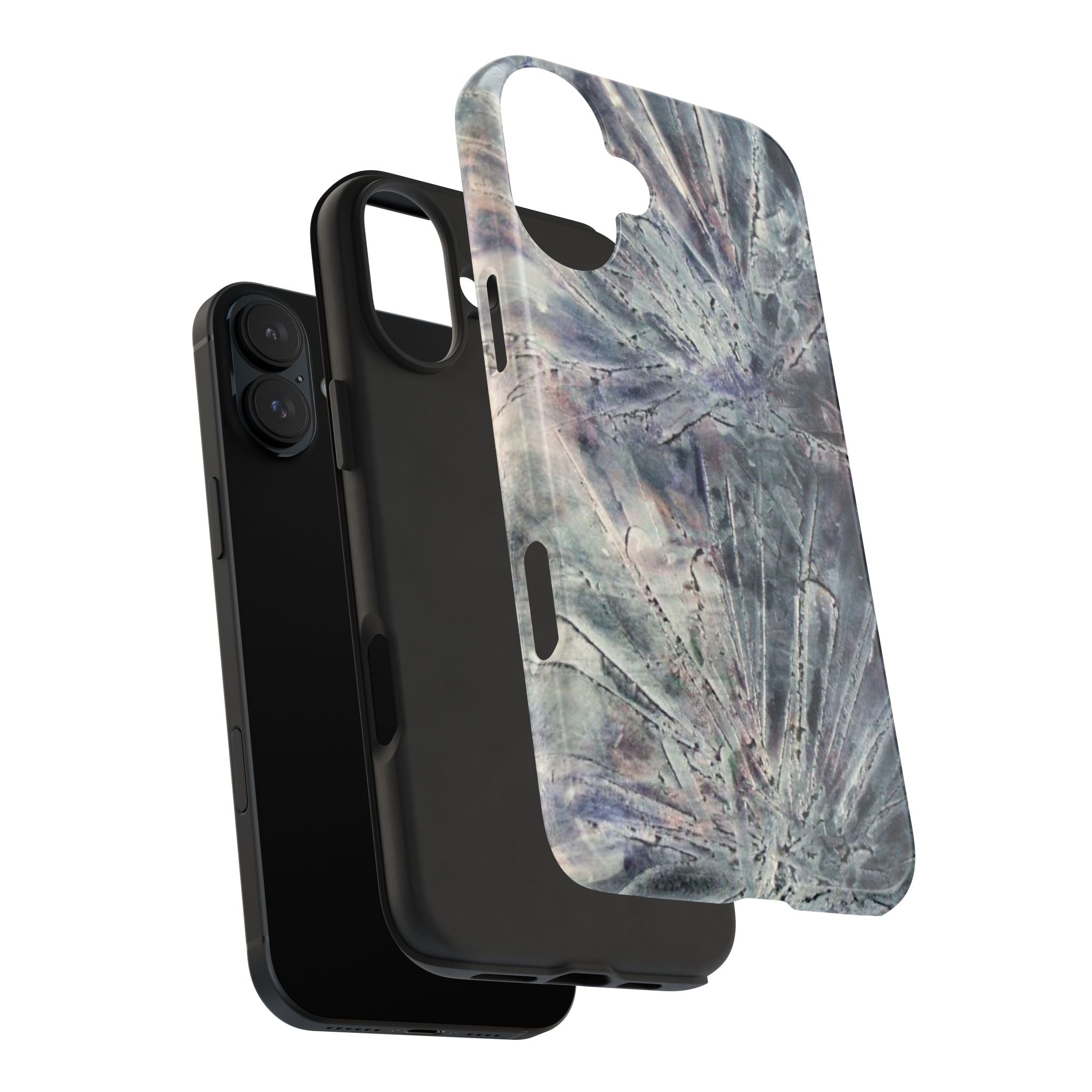 Phone case in abstract bursts of silver crystal design with rubber lining for strong impact and UV protection