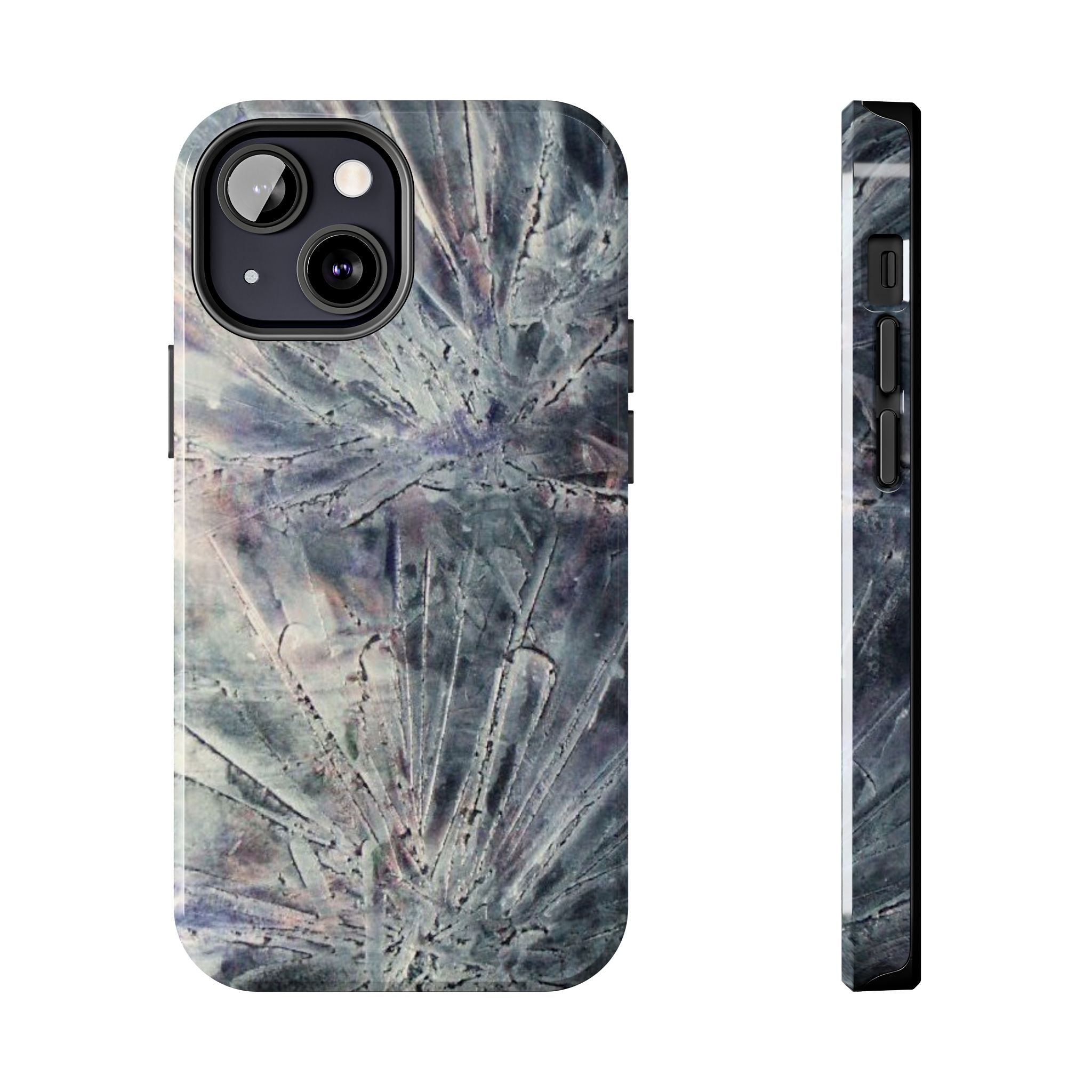 Phone case in abstract bursts of silver crystal design with rubber lining for strong impact and UV protection