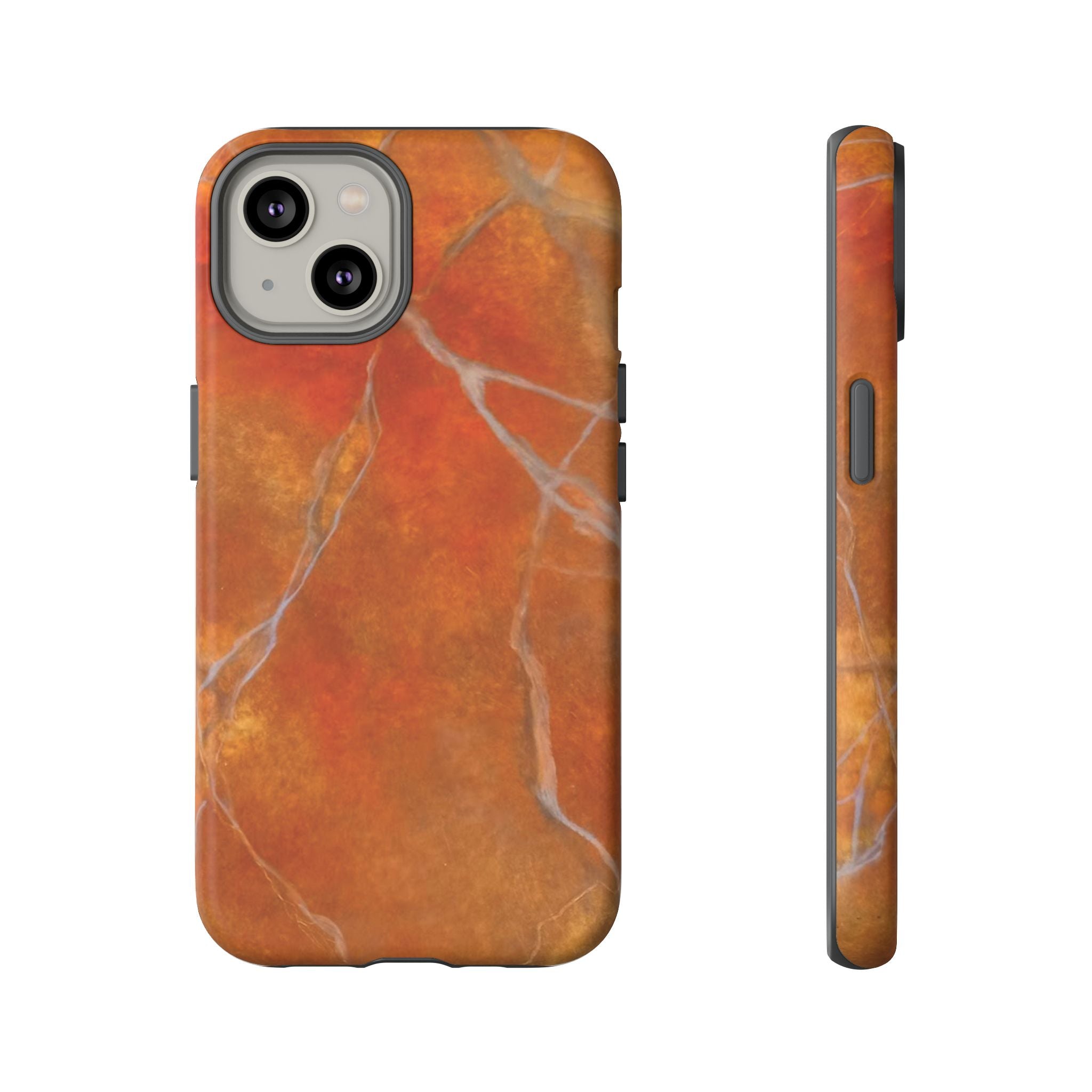 Phone case in sophisticated red orange marble design that is impact resistant tough in glossy or matte finish