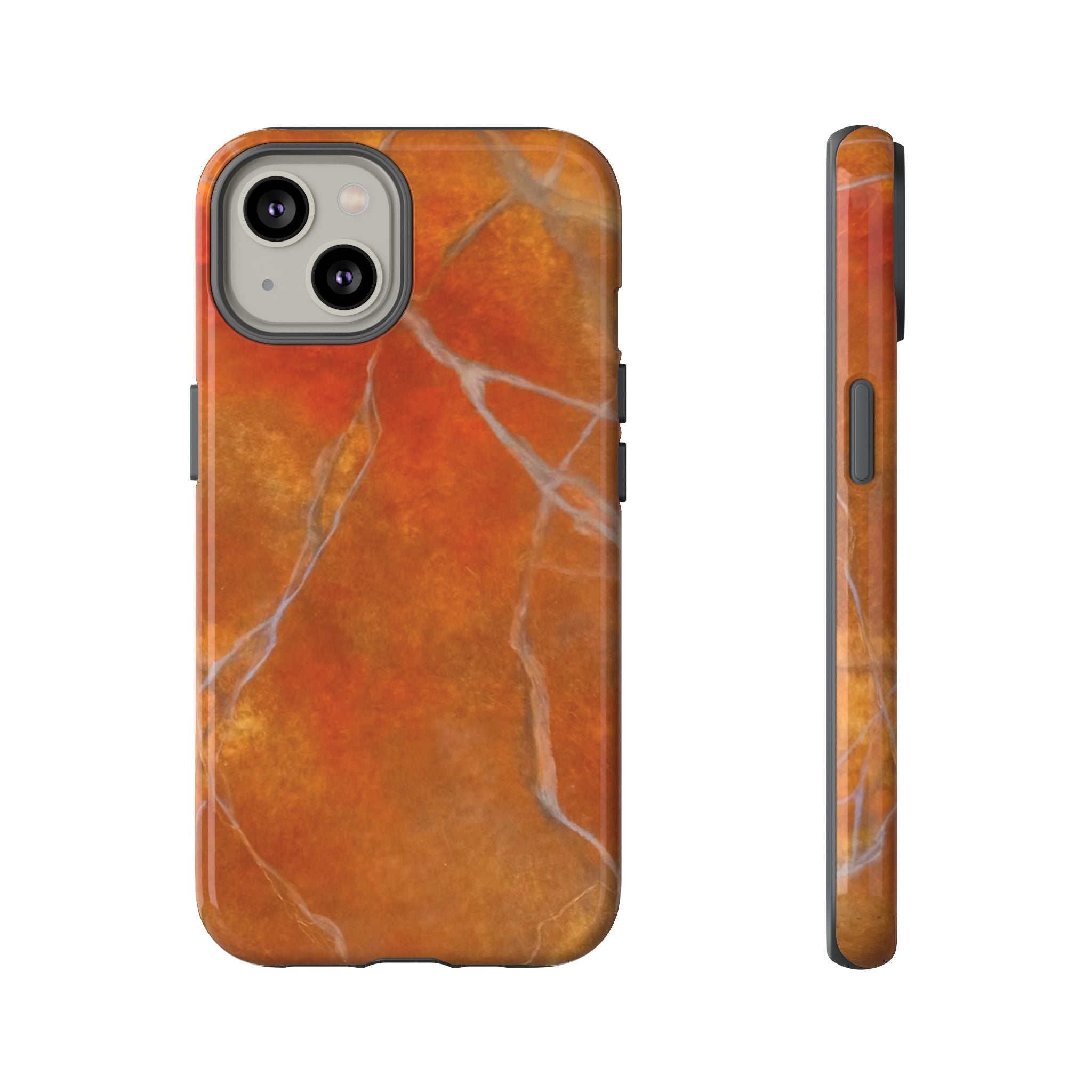 Phone case in sophisticated red orange marble design that is impact resistant tough in glossy or matte finish