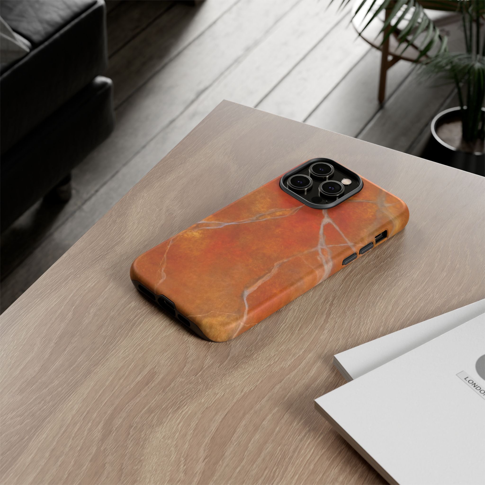 Phone case in sophisticated red orange marble design that is impact resistant tough in glossy or matte finish