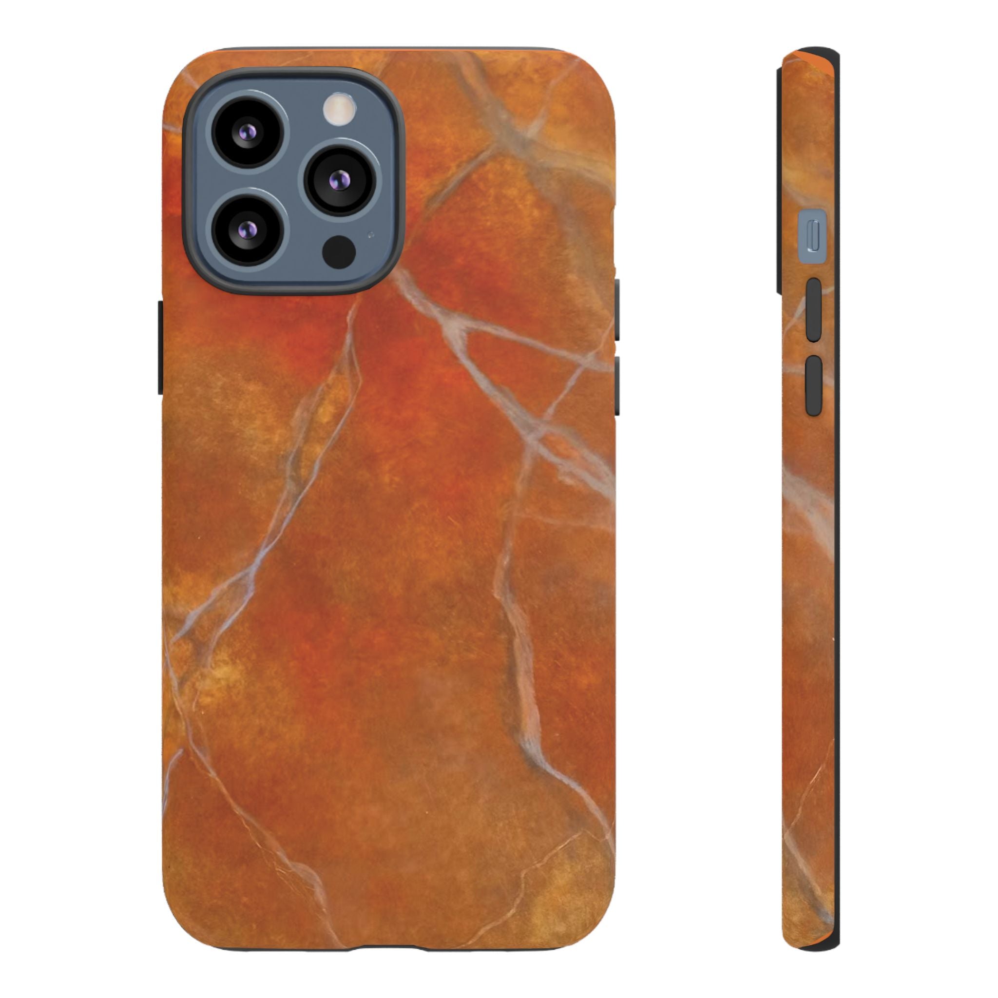Phone case in sophisticated red orange marble design that is impact resistant tough in glossy or matte finish