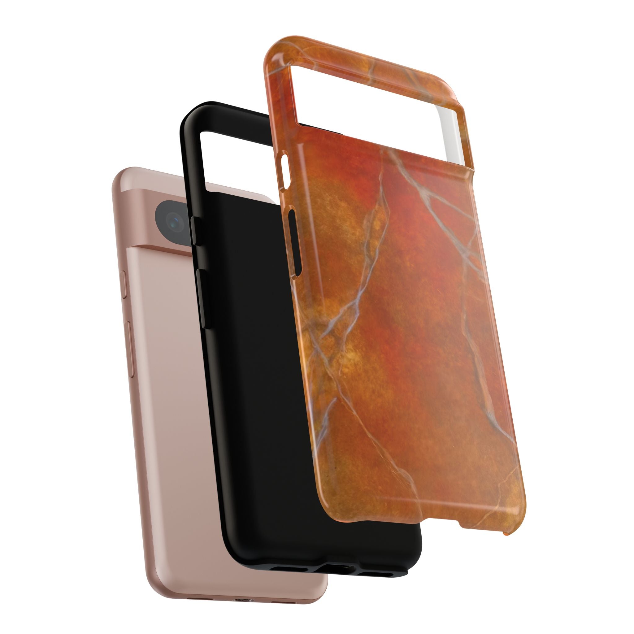 Phone case in sophisticated red orange marble design that is impact resistant tough in glossy or matte finish