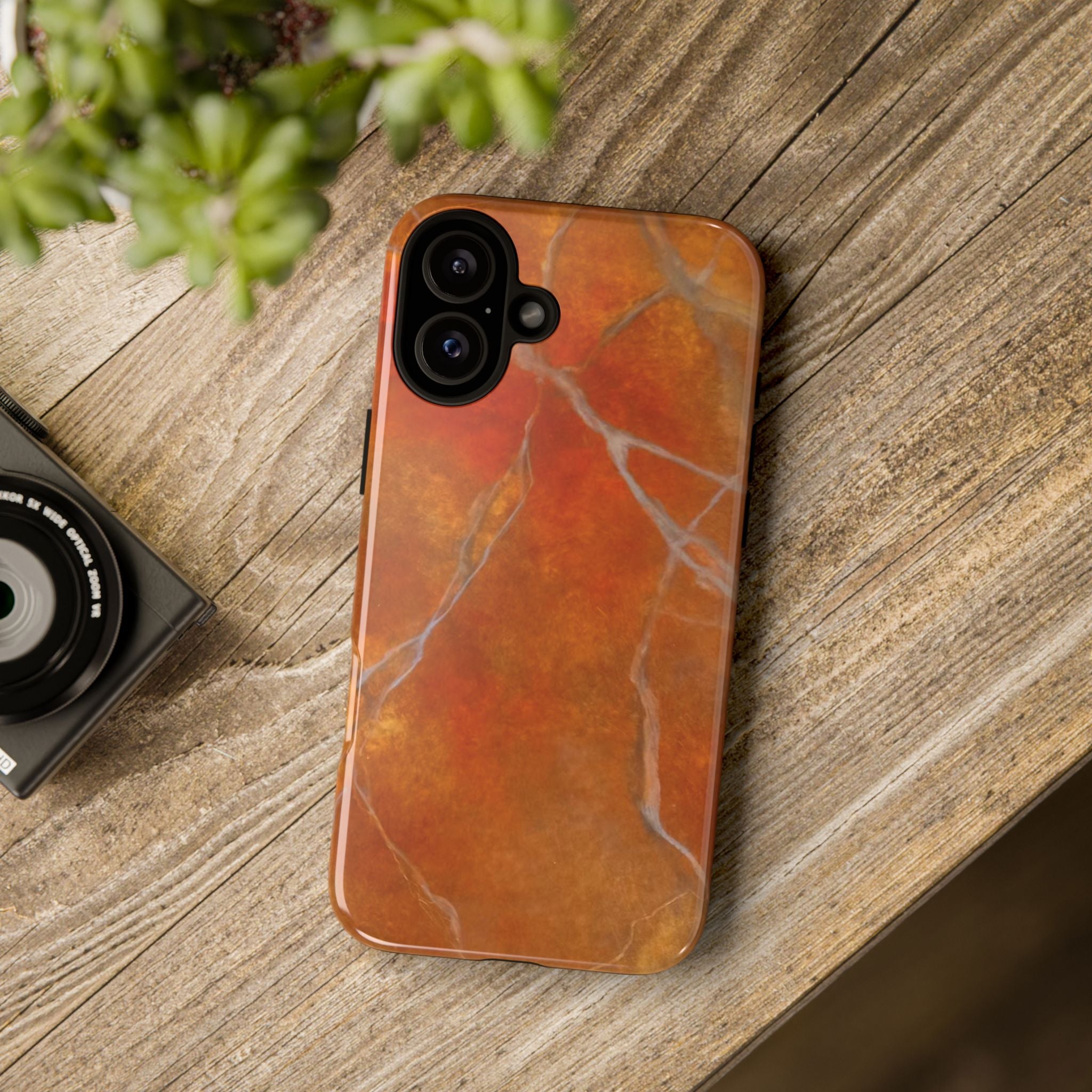 Phone case in sophisticated red orange marble design that is impact resistant tough in glossy or matte finish
